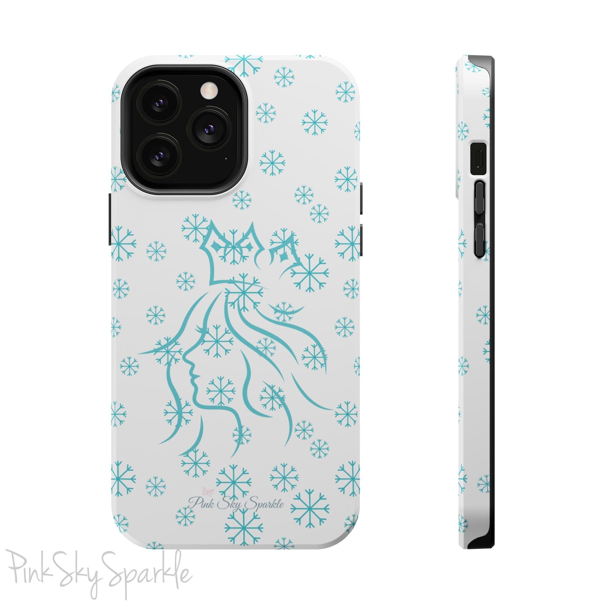 Snow Queen Magnetic iPhone Case - Snowflake pattern with silhouette of a queen on a protective, durable magnetic phone case. Compatible with iPhone models 13, 14, 15 and 16, ideal for winter style and secure everyday use.