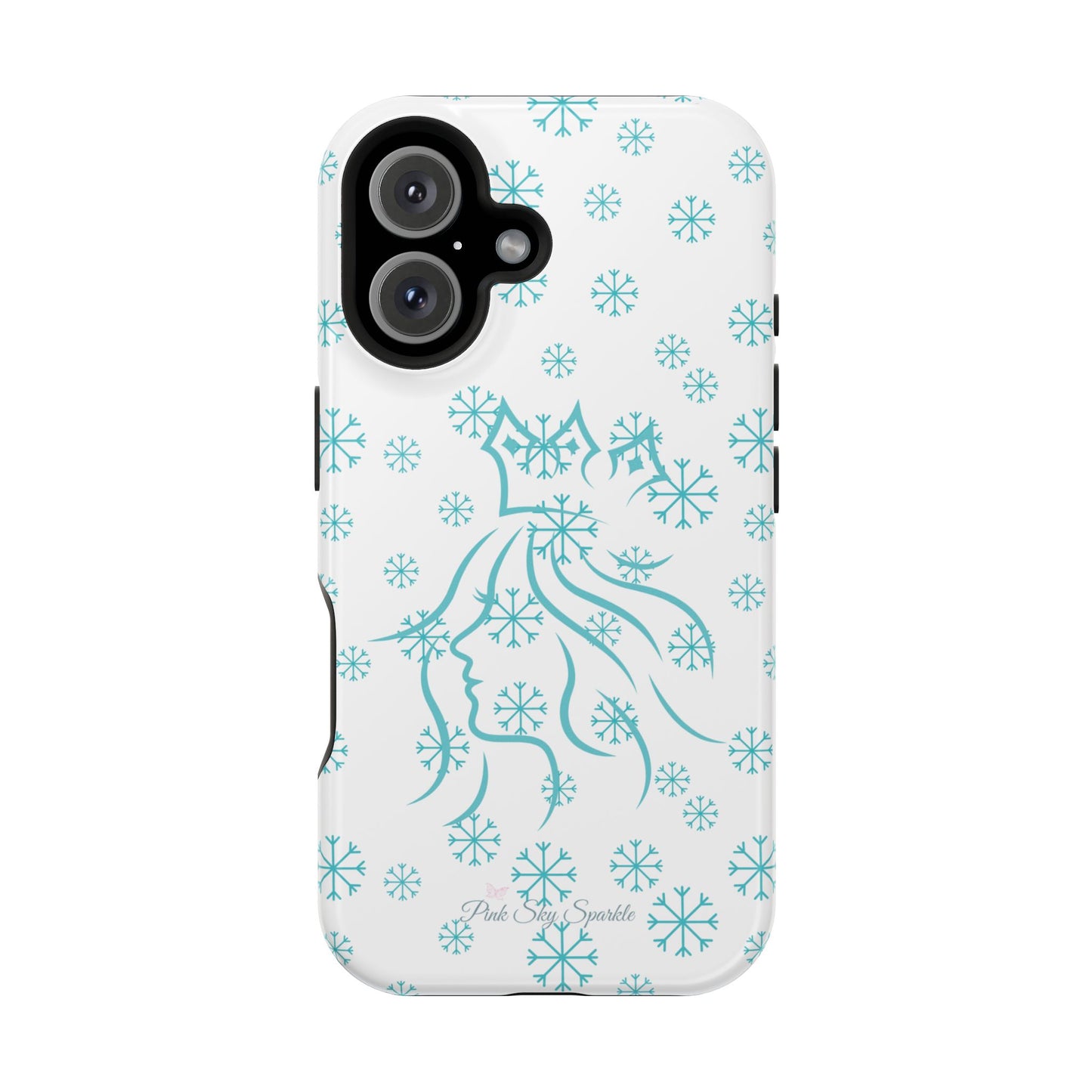 Snow Queen Magnetic iPhone Case - Snowflake pattern with silhouette of a queen on a protective, durable magnetic phone case. Compatible with iPhone models 13, 14, 15 and 16, ideal for winter style and secure everyday use.