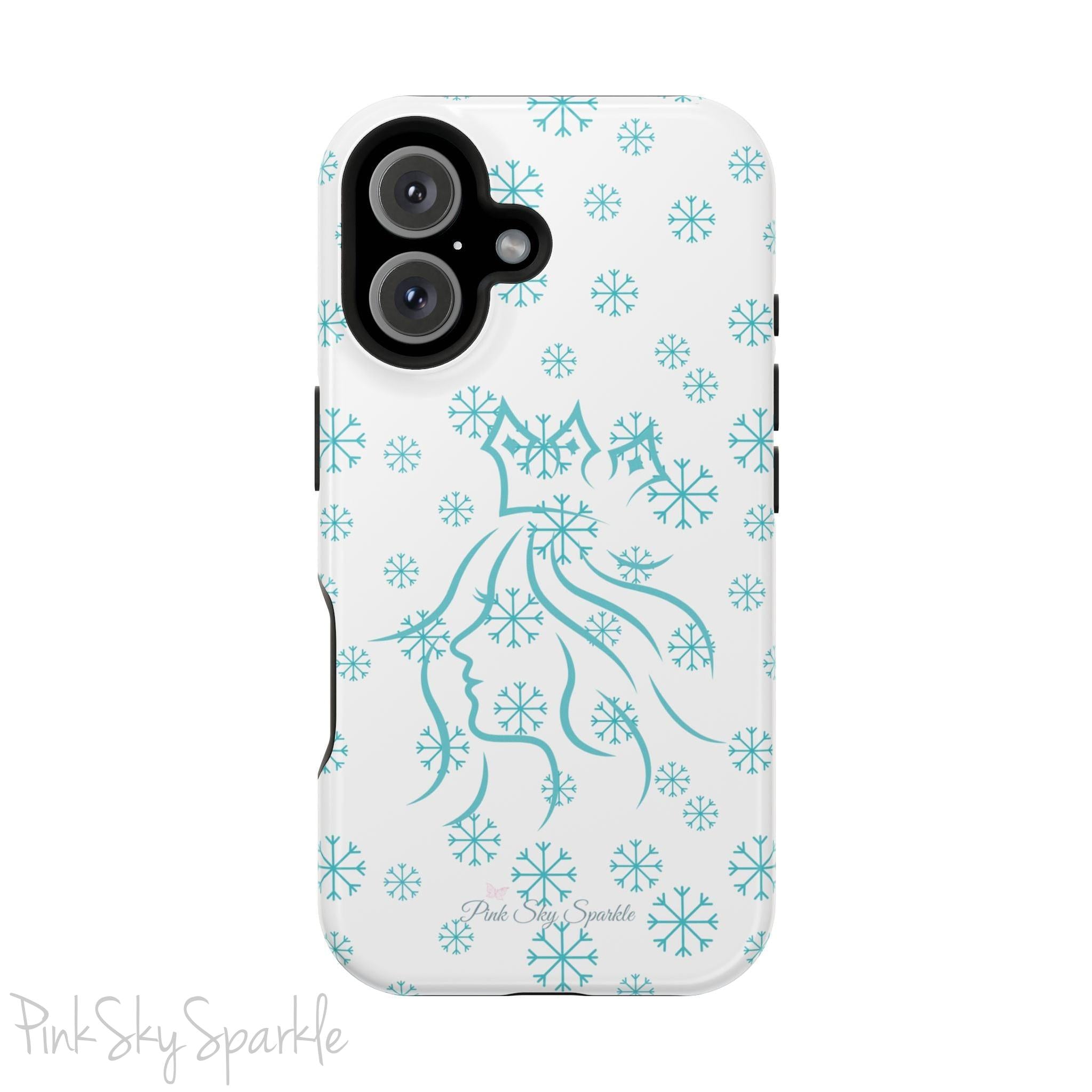 Snow Queen Magnetic iPhone Case - Snowflake pattern with silhouette of a queen on a protective, durable magnetic phone case. Compatible with iPhone models 13, 14, 15 and 16, ideal for winter style and secure everyday use.