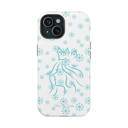 Snow Queen Magnetic iPhone Case - Snowflake pattern with silhouette of a queen on a protective, durable magnetic phone case. Compatible with iPhone models 13, 14, 15 and 16, ideal for winter style and secure everyday use.