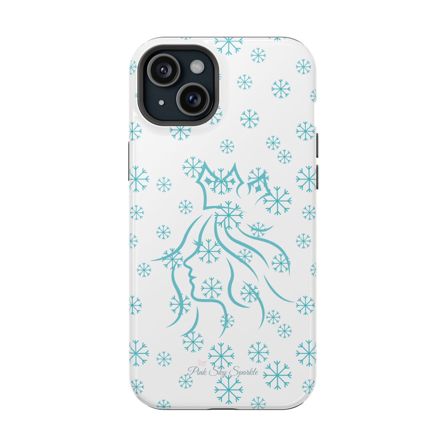 Snow Queen Magnetic iPhone Case - Snowflake pattern with silhouette of a queen on a protective, durable magnetic phone case. Compatible with iPhone models 13, 14, 15 and 16, ideal for winter style and secure everyday use.