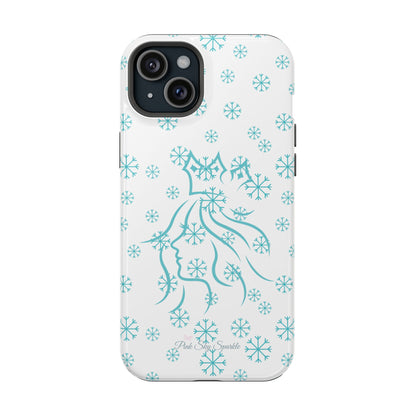 Snow Queen Magnetic iPhone Case - Snowflake pattern with silhouette of a queen on a protective, durable magnetic phone case. Compatible with iPhone models 13, 14, 15 and 16, ideal for winter style and secure everyday use.