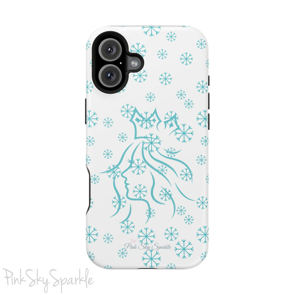 Snow Queen Magnetic iPhone Case - Snowflake pattern with silhouette of a queen on a protective, durable magnetic phone case. Compatible with iPhone models 13, 14, 15 and 16, ideal for winter style and secure everyday use.