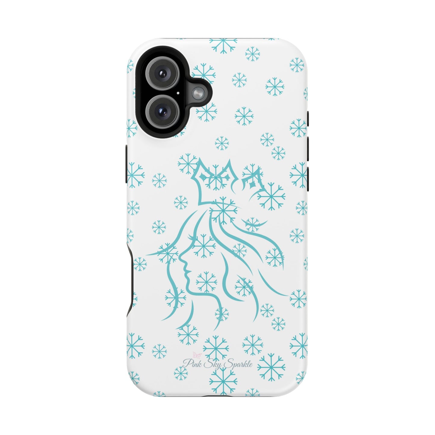 Snow Queen Magnetic iPhone Case - Snowflake pattern with silhouette of a queen on a protective, durable magnetic phone case. Compatible with iPhone models 13, 14, 15 and 16, ideal for winter style and secure everyday use.