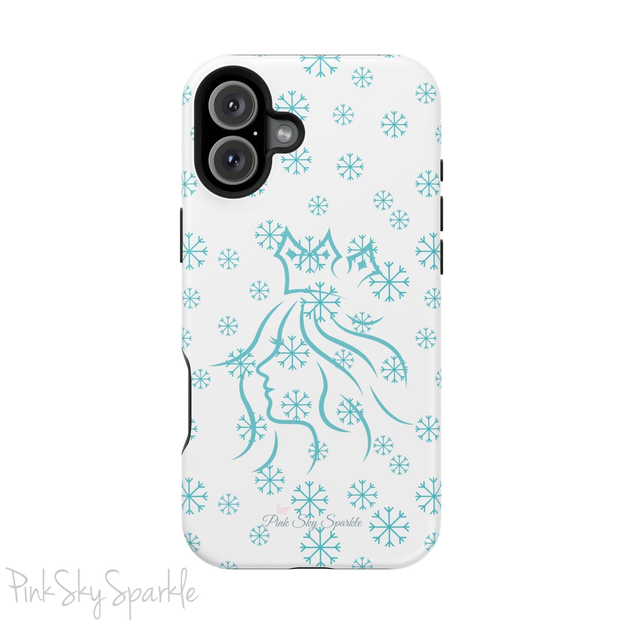 Snow Queen Magnetic iPhone Case - Snowflake pattern with silhouette of a queen on a protective, durable magnetic phone case. Compatible with iPhone models 13, 14, 15 and 16, ideal for winter style and secure everyday use.