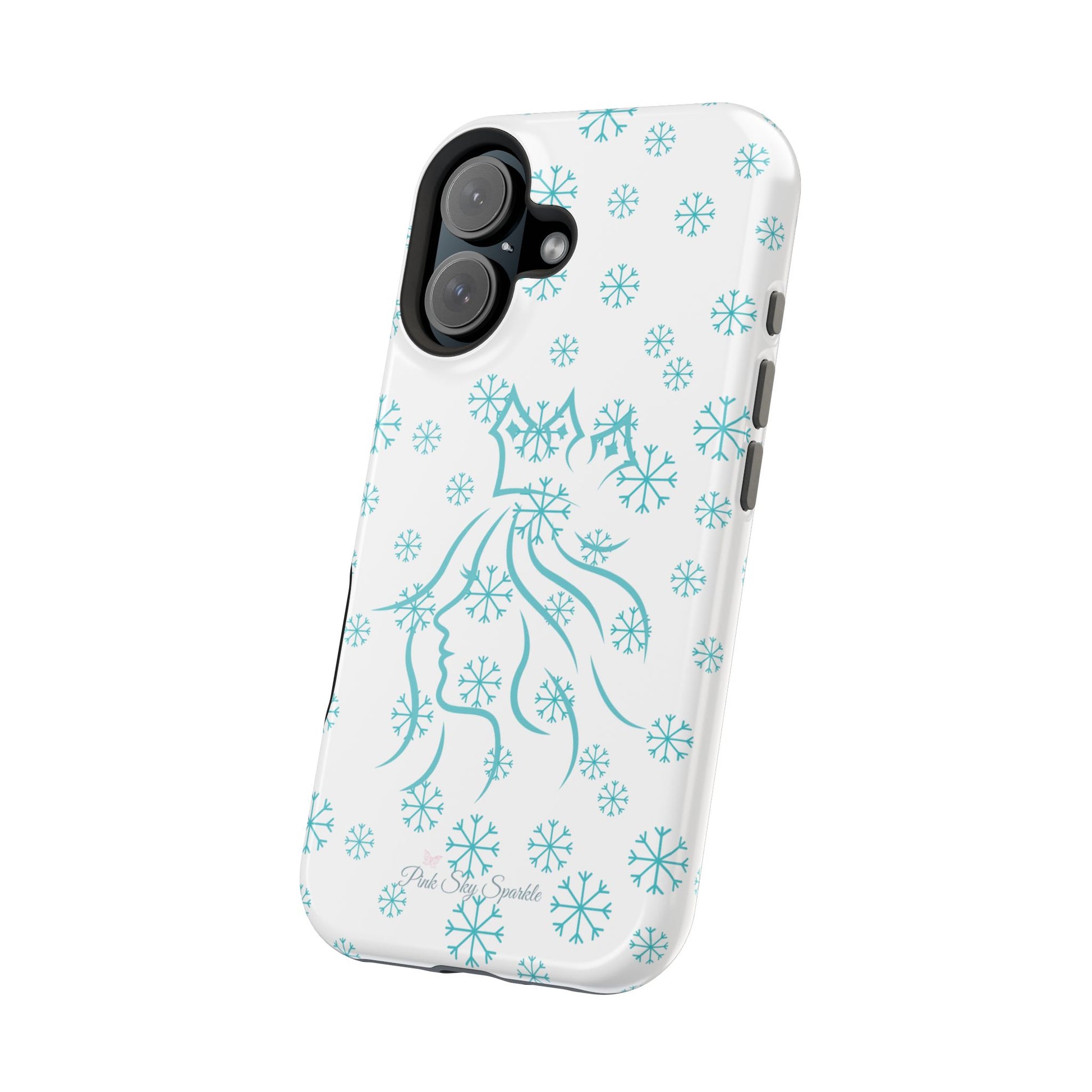 Snow Queen Magnetic iPhone Case - Snowflake pattern with silhouette of a queen on a protective, durable magnetic phone case. Compatible with iPhone models 13, 14, 15 and 16, ideal for winter style and secure everyday use.