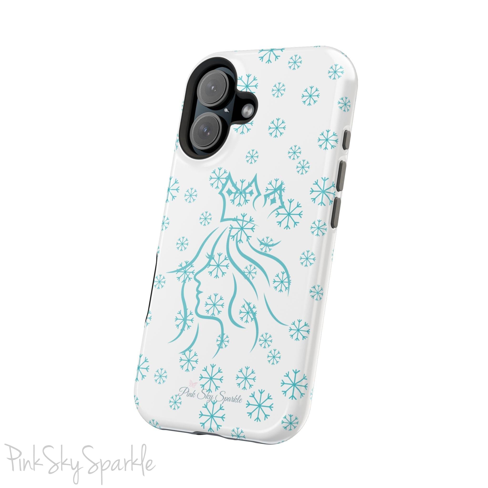Snow Queen Magnetic iPhone Case - Snowflake pattern with silhouette of a queen on a protective, durable magnetic phone case. Compatible with iPhone models 13, 14, 15 and 16, ideal for winter style and secure everyday use.