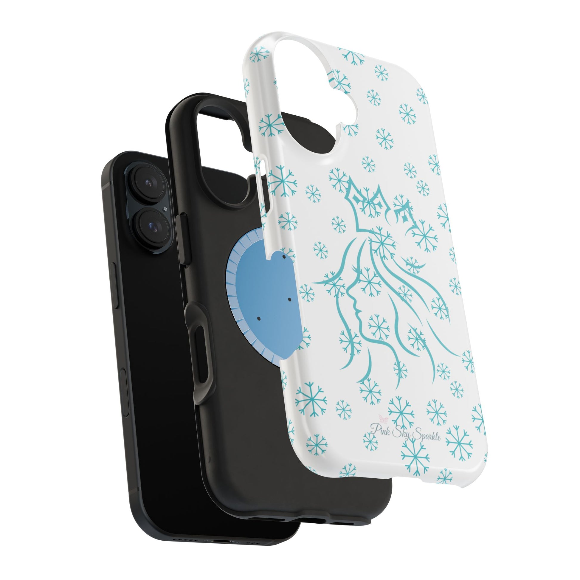 Snow Queen Magnetic iPhone Case - Snowflake pattern with silhouette of a queen on a protective, durable magnetic phone case. Compatible with iPhone models 13, 14, 15 and 16, ideal for winter style and secure everyday use.