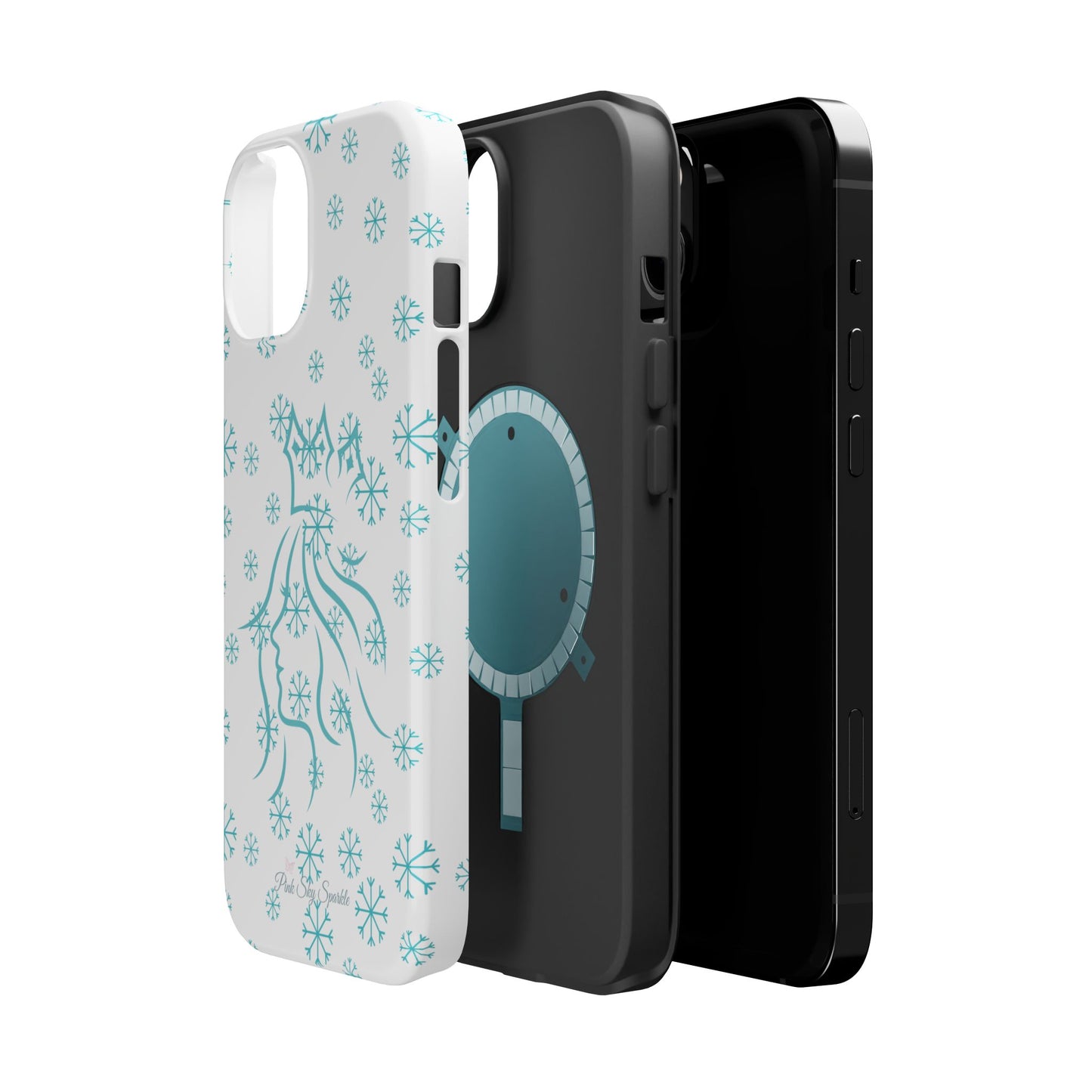 Snow Queen Magnetic iPhone Case - Snowflake pattern with silhouette of a queen on a protective, durable magnetic phone case. Compatible with iPhone models 13, 14, 15 and 16, ideal for winter style and secure everyday use.