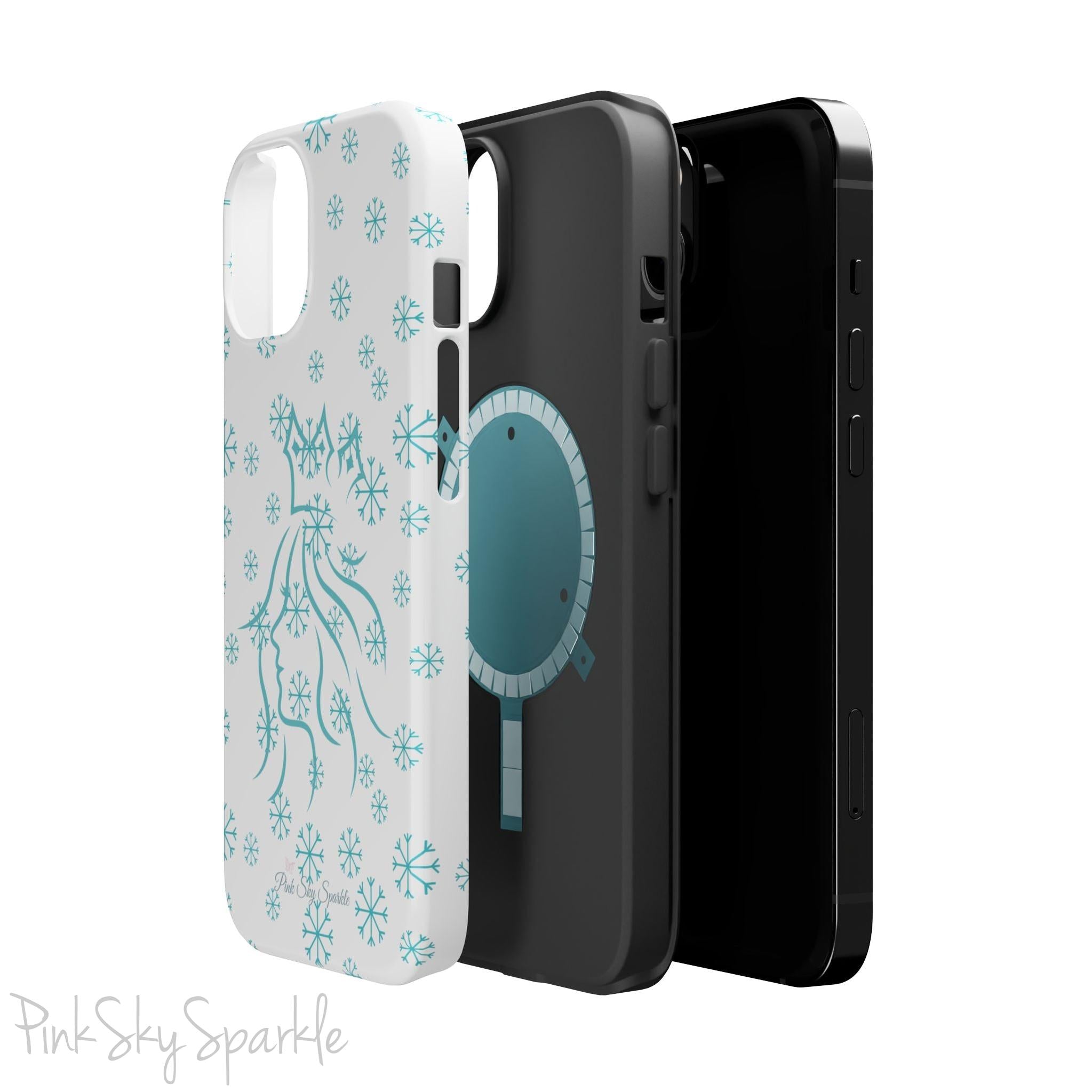 Snow Queen Magnetic iPhone Case - Snowflake pattern with silhouette of a queen on a protective, durable magnetic phone case. Compatible with iPhone models 13, 14, 15 and 16, ideal for winter style and secure everyday use.