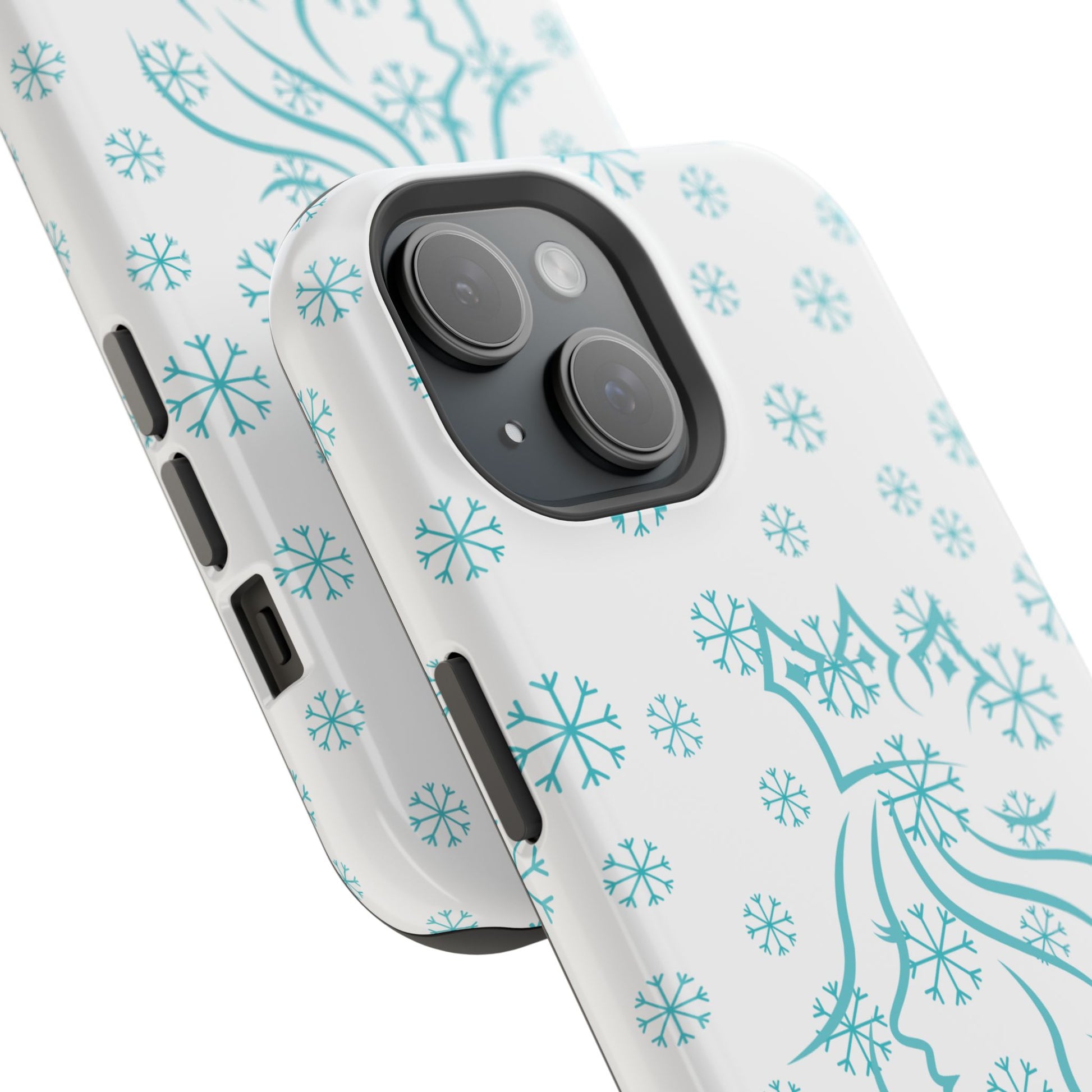 Snow Queen Magnetic iPhone Case - Snowflake pattern with silhouette of a queen on a protective, durable magnetic phone case. Compatible with iPhone models 13, 14, 15 and 16, ideal for winter style and secure everyday use.