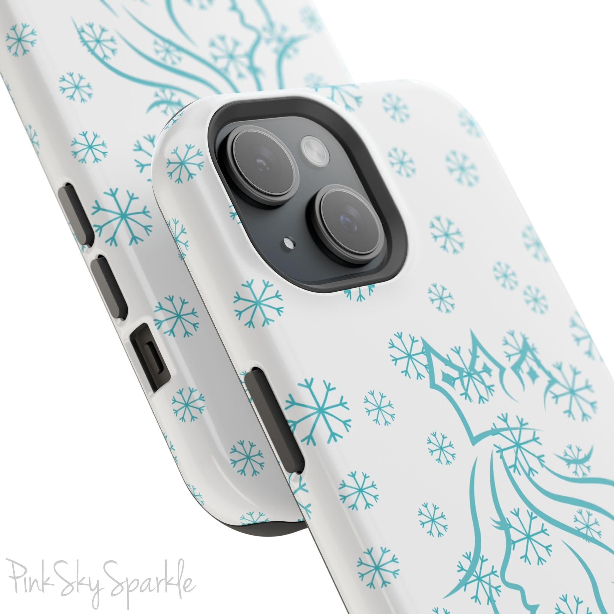 Snow Queen Magnetic iPhone Case - Snowflake pattern with silhouette of a queen on a protective, durable magnetic phone case. Compatible with iPhone models 13, 14, 15 and 16, ideal for winter style and secure everyday use.