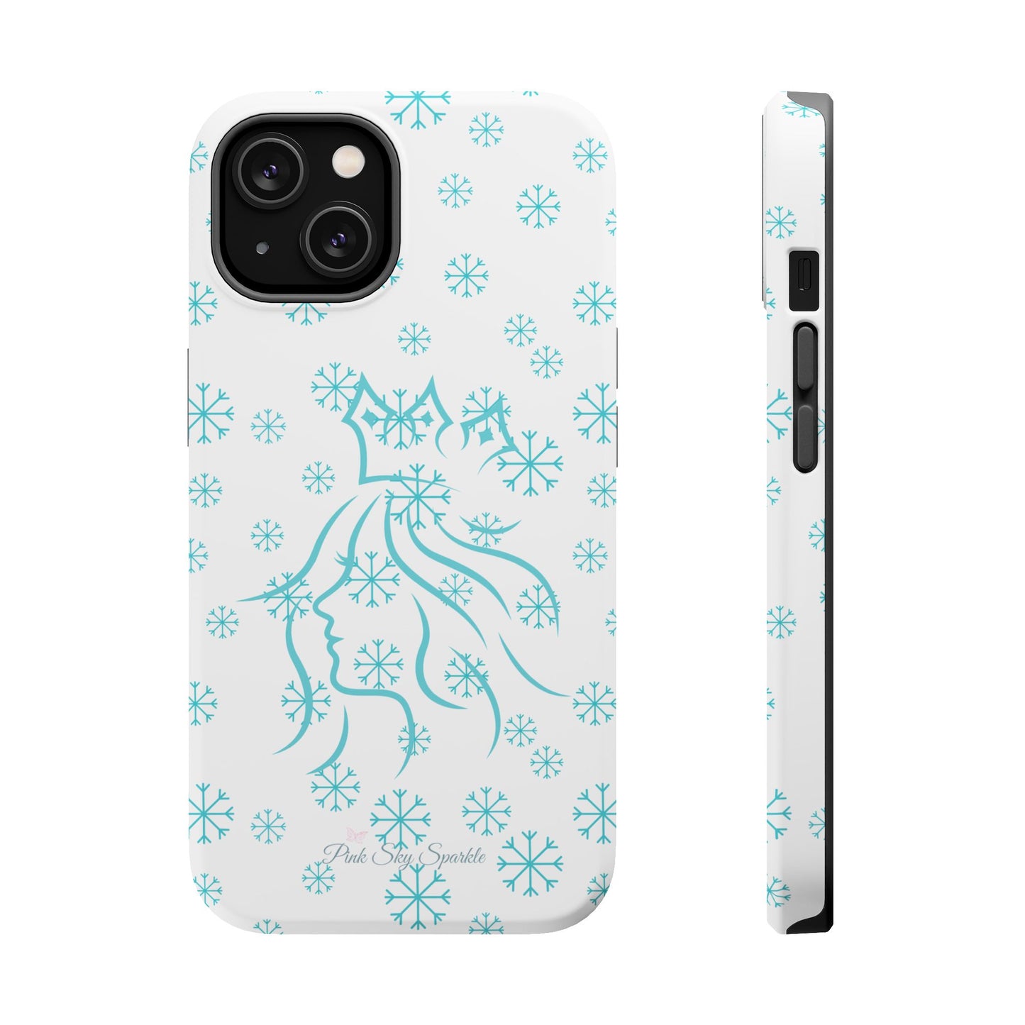 Snow Queen Magnetic iPhone Case - Snowflake pattern with silhouette of a queen on a protective, durable magnetic phone case. Compatible with iPhone models 13, 14, 15 and 16, ideal for winter style and secure everyday use.