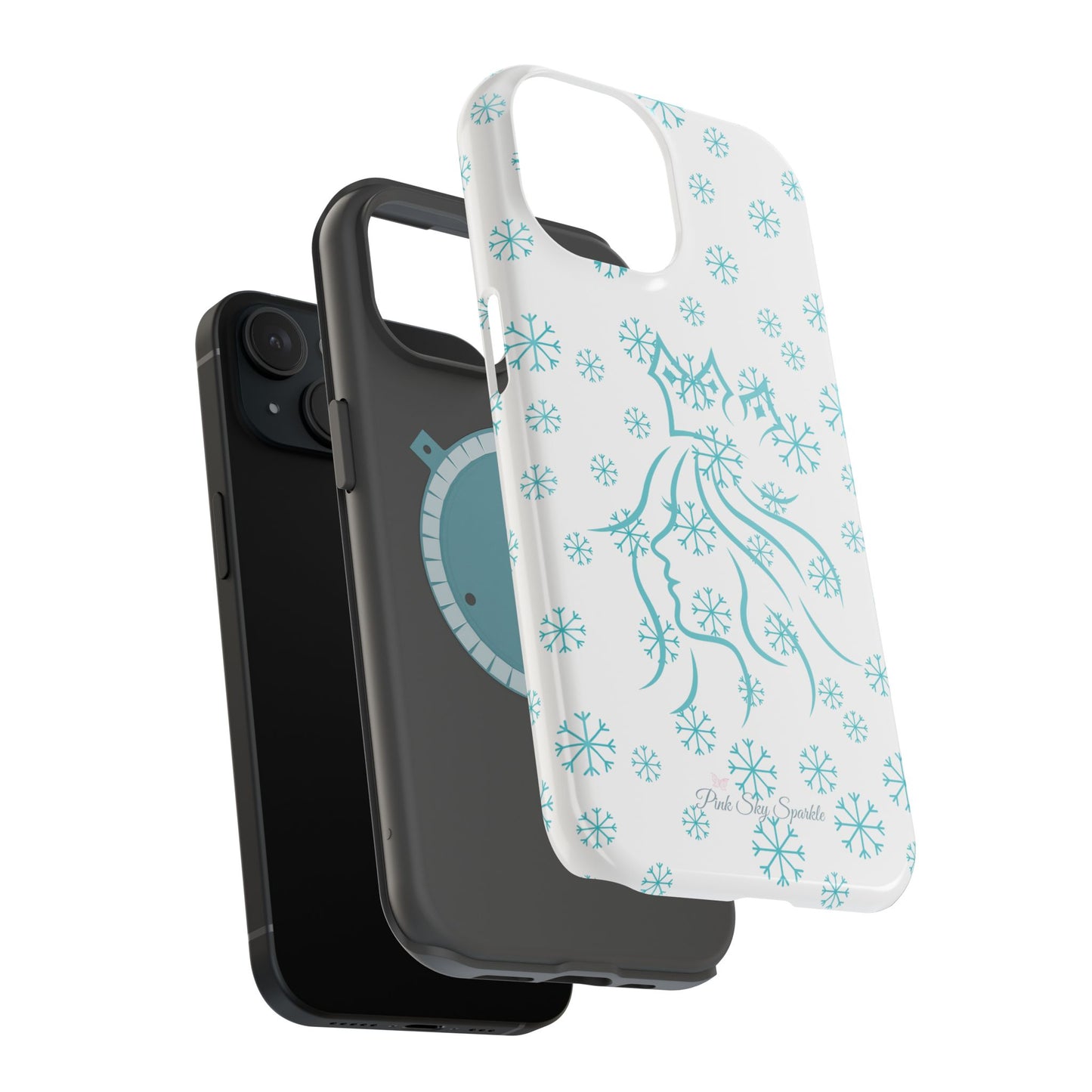 Snow Queen Magnetic iPhone Case - Snowflake pattern with silhouette of a queen on a protective, durable magnetic phone case. Compatible with iPhone models 13, 14, 15 and 16, ideal for winter style and secure everyday use.