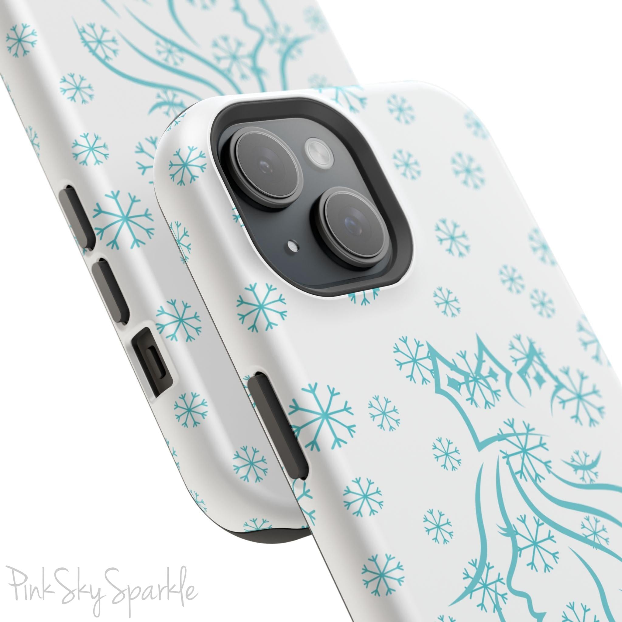 Snow Queen Magnetic iPhone Case - Snowflake pattern with silhouette of a queen on a protective, durable magnetic phone case. Compatible with iPhone models 13, 14, 15 and 16, ideal for winter style and secure everyday use.
