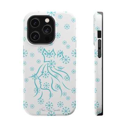 Snow Queen Magnetic iPhone Case - Snowflake pattern with silhouette of a queen on a protective, durable magnetic phone case. Compatible with iPhone models 13, 14, 15 and 16, ideal for winter style and secure everyday use.