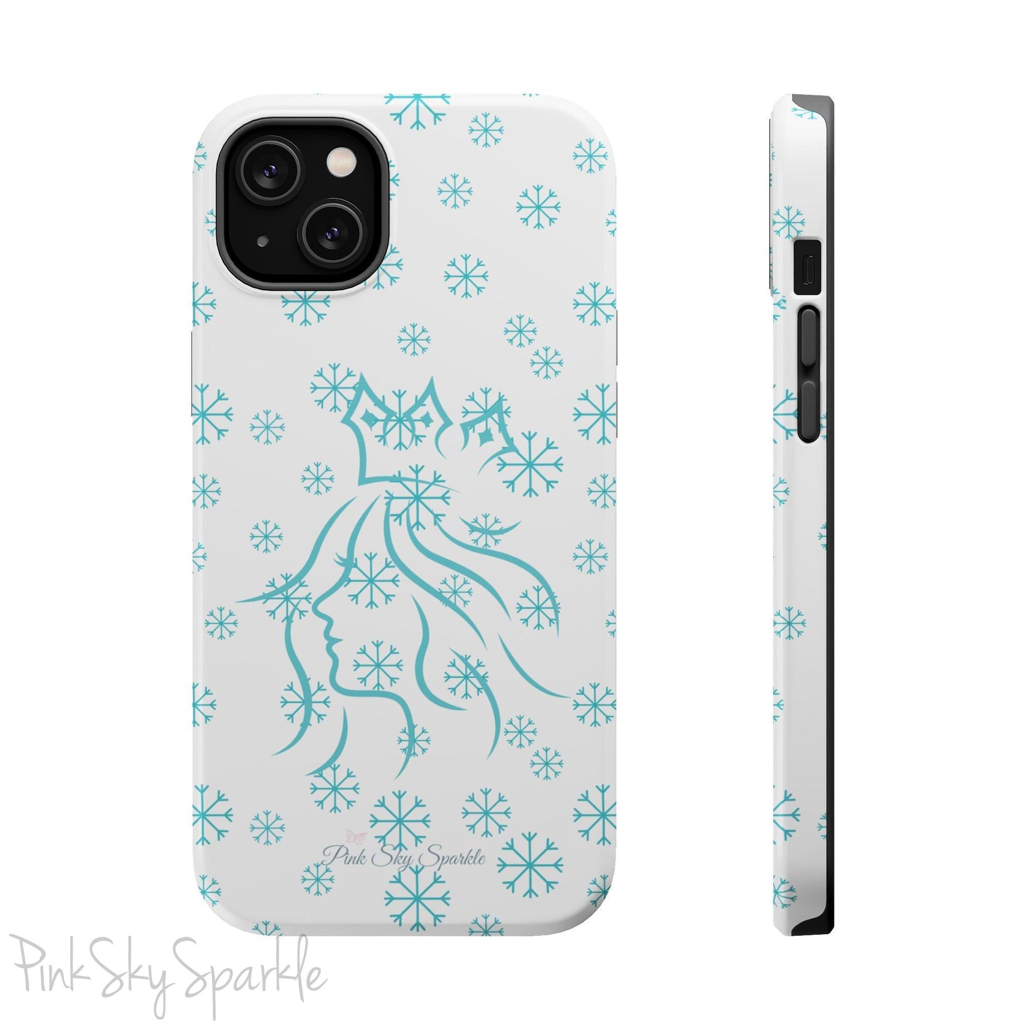 Snow Queen Magnetic iPhone Case - Snowflake pattern with silhouette of a queen on a protective, durable magnetic phone case. Compatible with iPhone models 13, 14, 15 and 16, ideal for winter style and secure everyday use.