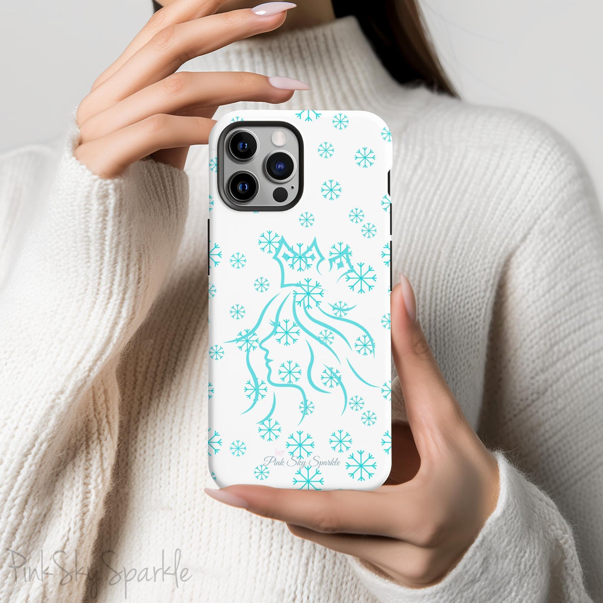Snow Queen Magnetic iPhone Case - Snowflake pattern with silhouette of a queen on a protective, durable magnetic phone case. Compatible with iPhone models 13, 14, 15 and 16, ideal for winter style and secure everyday use.