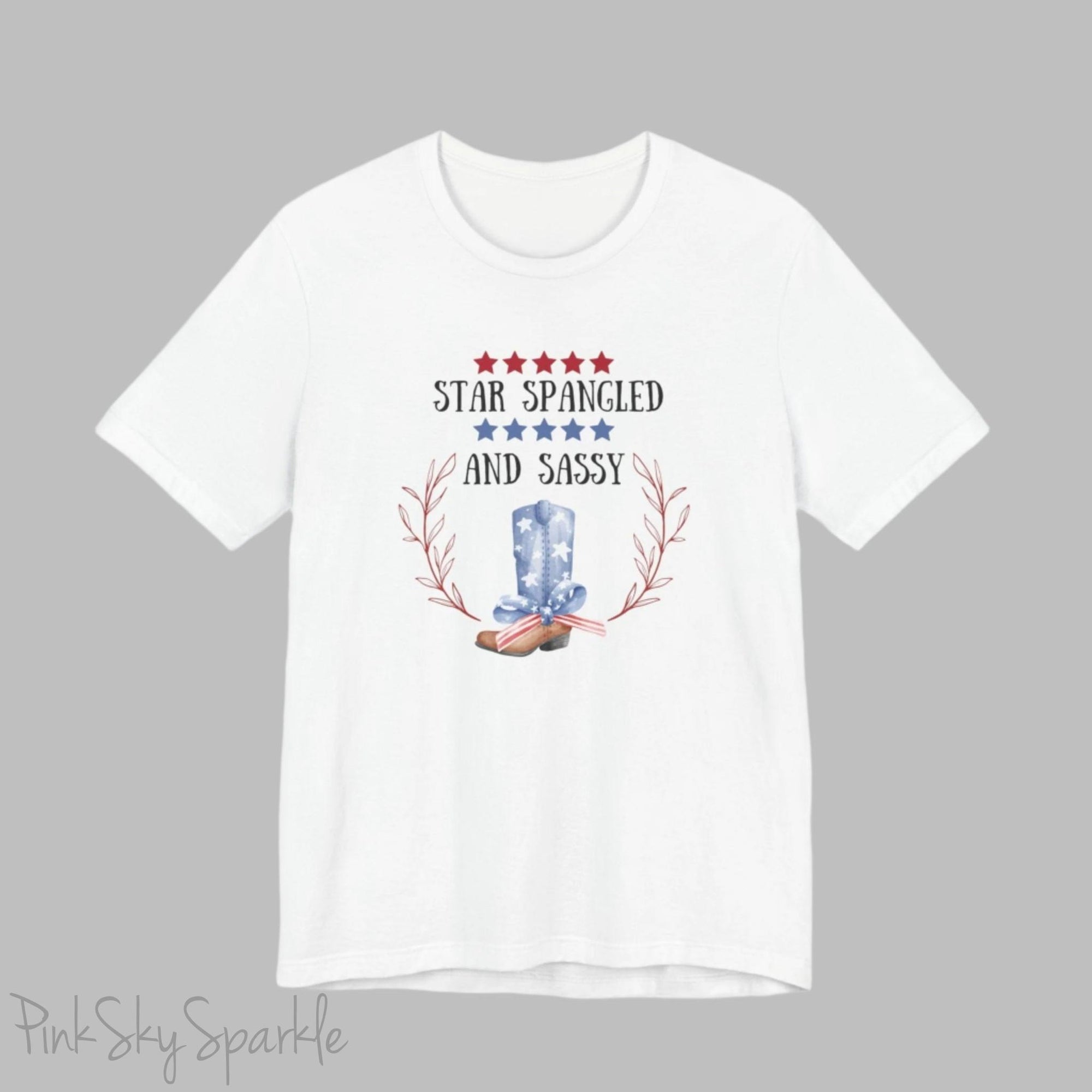 Celebrate the 4th of July in style with our "Star Spangled and Sassy" t-shirt! This festive tee features a bold and playful design that showcases the phrase "Star Spangled and Sassy" alongside a vibrant graphic of a red, white, and blue cowgirl boot. Perfect for Independence Day celebrations, backyard barbecues, or fireworks displays, this t-shirt is made from soft, high-quality fabric for ultimate comfort and durability.