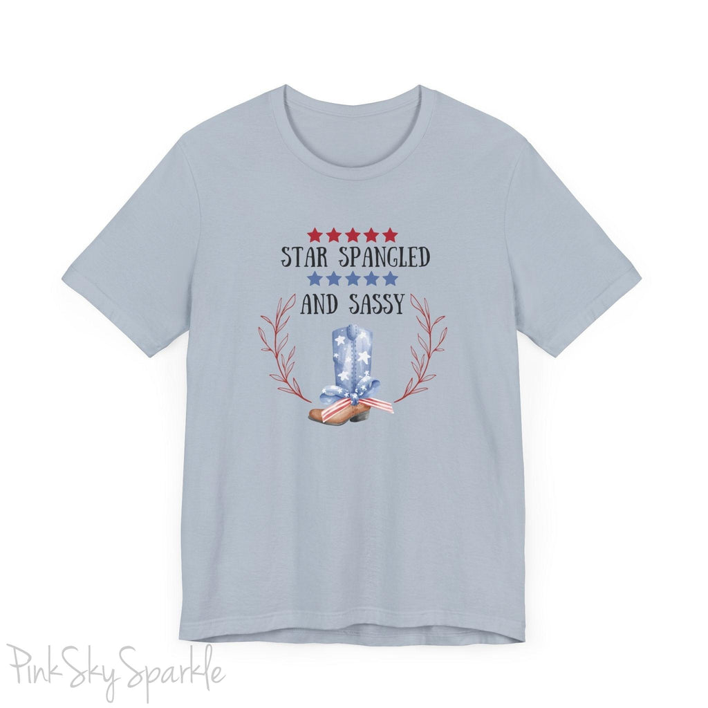 Celebrate the 4th of July in style with our "Star Spangled and Sassy" t-shirt! This festive tee features a bold and playful design that showcases the phrase "Star Spangled and Sassy" alongside a vibrant graphic of a red, white, and blue cowgirl boot. Perfect for Independence Day celebrations, backyard barbecues, or fireworks displays, this t-shirt is made from soft, high-quality fabric for ultimate comfort and durability.