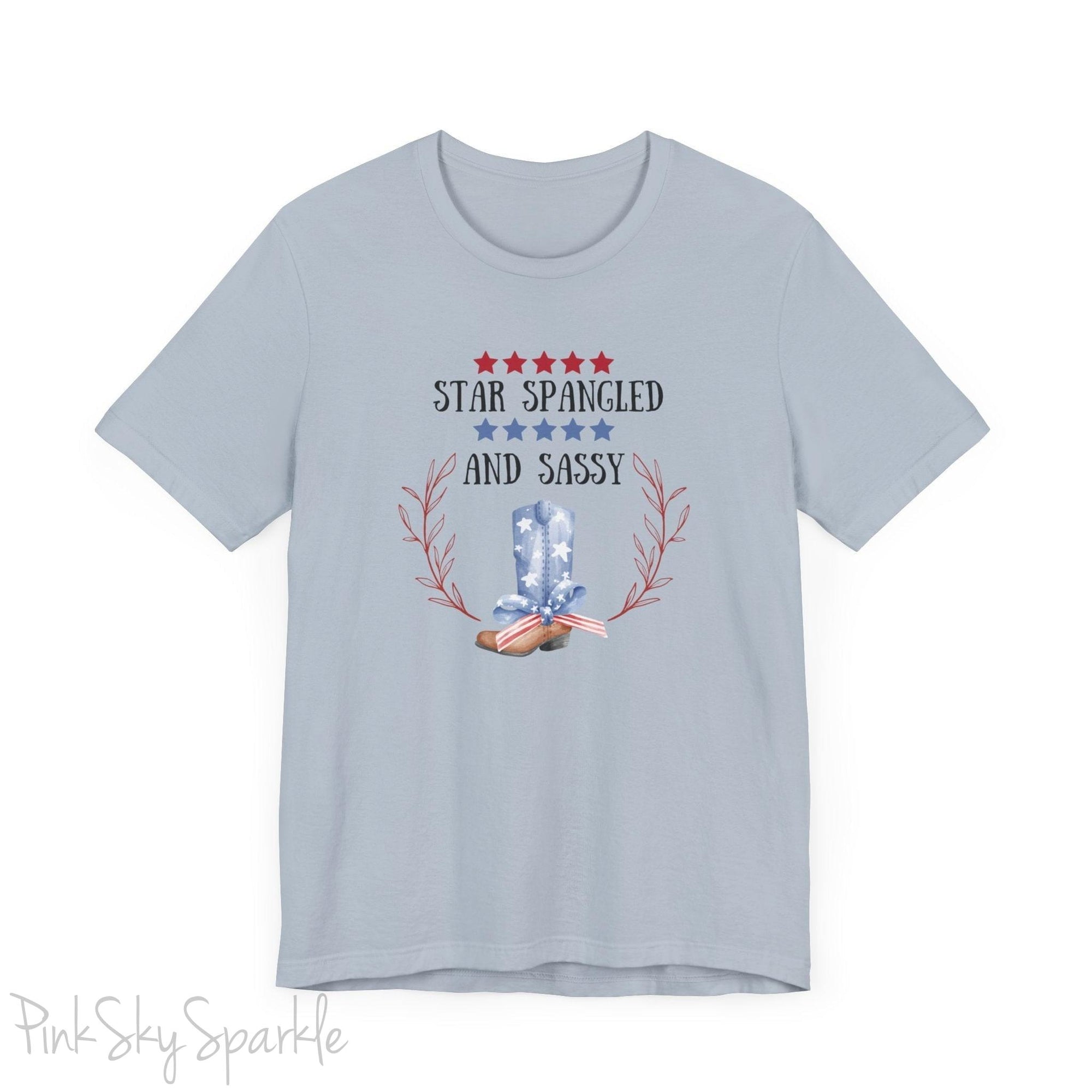 Celebrate the 4th of July in style with our "Star Spangled and Sassy" t-shirt! This festive tee features a bold and playful design that showcases the phrase "Star Spangled and Sassy" alongside a vibrant graphic of a red, white, and blue cowgirl boot. Perfect for Independence Day celebrations, backyard barbecues, or fireworks displays, this t-shirt is made from soft, high-quality fabric for ultimate comfort and durability.