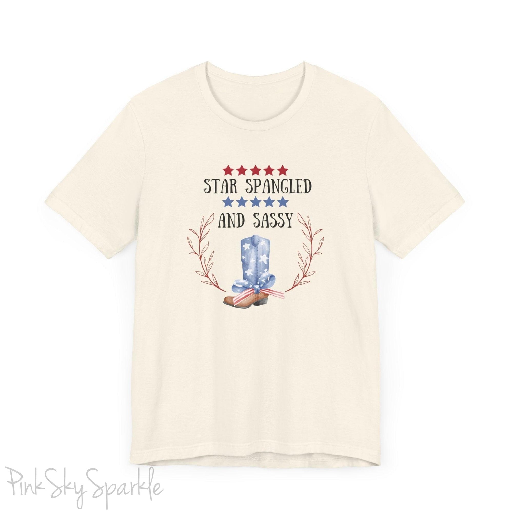 Celebrate the 4th of July in style with our "Star Spangled and Sassy" t-shirt! This festive tee features a bold and playful design that showcases the phrase "Star Spangled and Sassy" alongside a vibrant graphic of a red, white, and blue cowgirl boot. Perfect for Independence Day celebrations, backyard barbecues, or fireworks displays, this t-shirt is made from soft, high-quality fabric for ultimate comfort and durability.