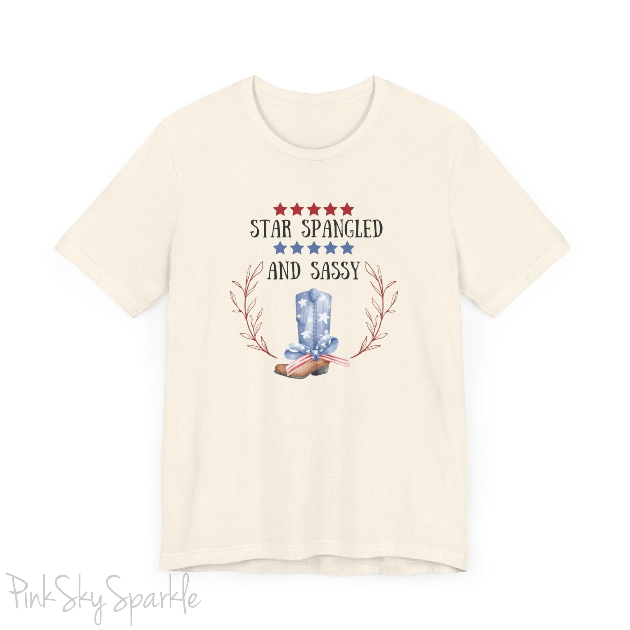 Celebrate the 4th of July in style with our "Star Spangled and Sassy" t-shirt! This festive tee features a bold and playful design that showcases the phrase "Star Spangled and Sassy" alongside a vibrant graphic of a red, white, and blue cowgirl boot. Perfect for Independence Day celebrations, backyard barbecues, or fireworks displays, this t-shirt is made from soft, high-quality fabric for ultimate comfort and durability.