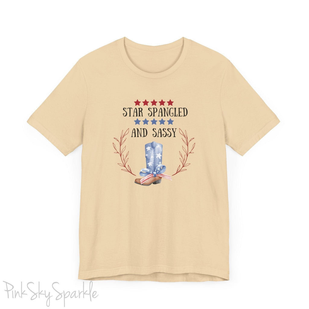 Celebrate the 4th of July in style with our "Star Spangled and Sassy" t-shirt! This festive tee features a bold and playful design that showcases the phrase "Star Spangled and Sassy" alongside a vibrant graphic of a red, white, and blue cowgirl boot. Perfect for Independence Day celebrations, backyard barbecues, or fireworks displays, this t-shirt is made from soft, high-quality fabric for ultimate comfort and durability.
