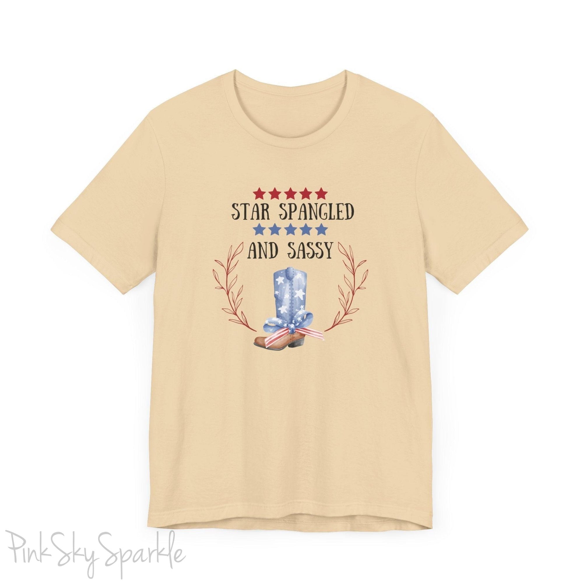 Celebrate the 4th of July in style with our "Star Spangled and Sassy" t-shirt! This festive tee features a bold and playful design that showcases the phrase "Star Spangled and Sassy" alongside a vibrant graphic of a red, white, and blue cowgirl boot. Perfect for Independence Day celebrations, backyard barbecues, or fireworks displays, this t-shirt is made from soft, high-quality fabric for ultimate comfort and durability.