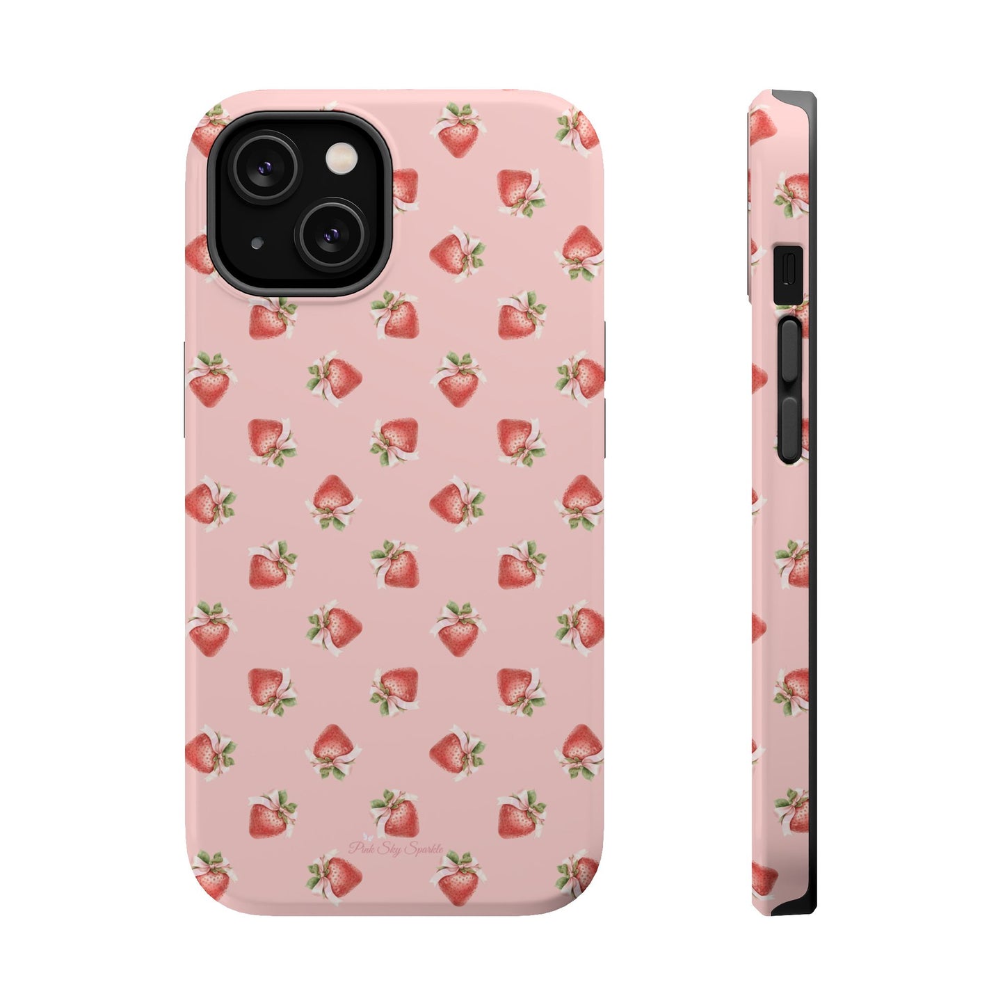 Magnetic iPhone case with a strawberry-inspired coquette design, combining delicate charm and durable protection for your smartphone.