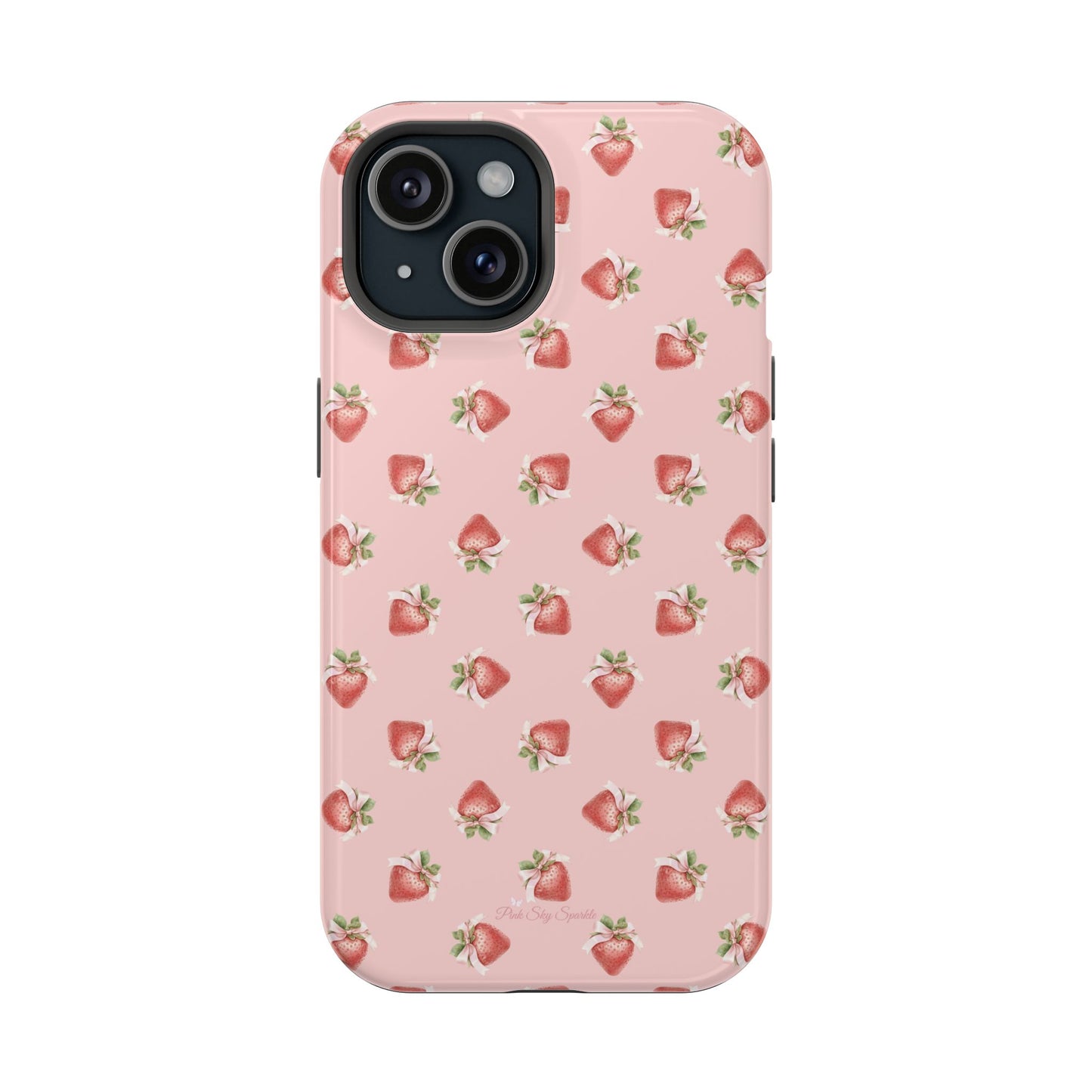 Magnetic iPhone case with a strawberry-inspired coquette design, combining delicate charm and durable protection for your smartphone.