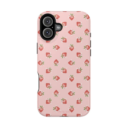 Magnetic iPhone case with a strawberry-inspired coquette design, combining delicate charm and durable protection for your smartphone.