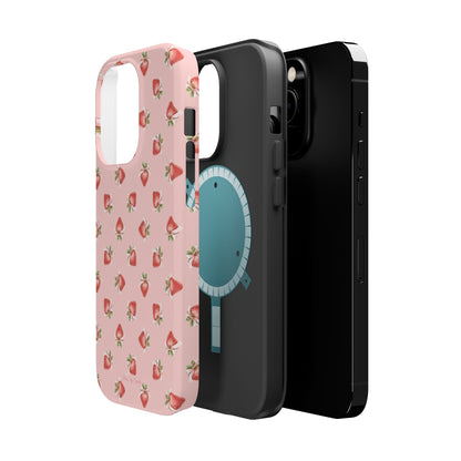 Magnetic iPhone case with a strawberry-inspired coquette design, combining delicate charm and durable protection for your smartphone.