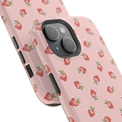 Magnetic iPhone case with a strawberry-inspired coquette design, combining delicate charm and durable protection for your smartphone.