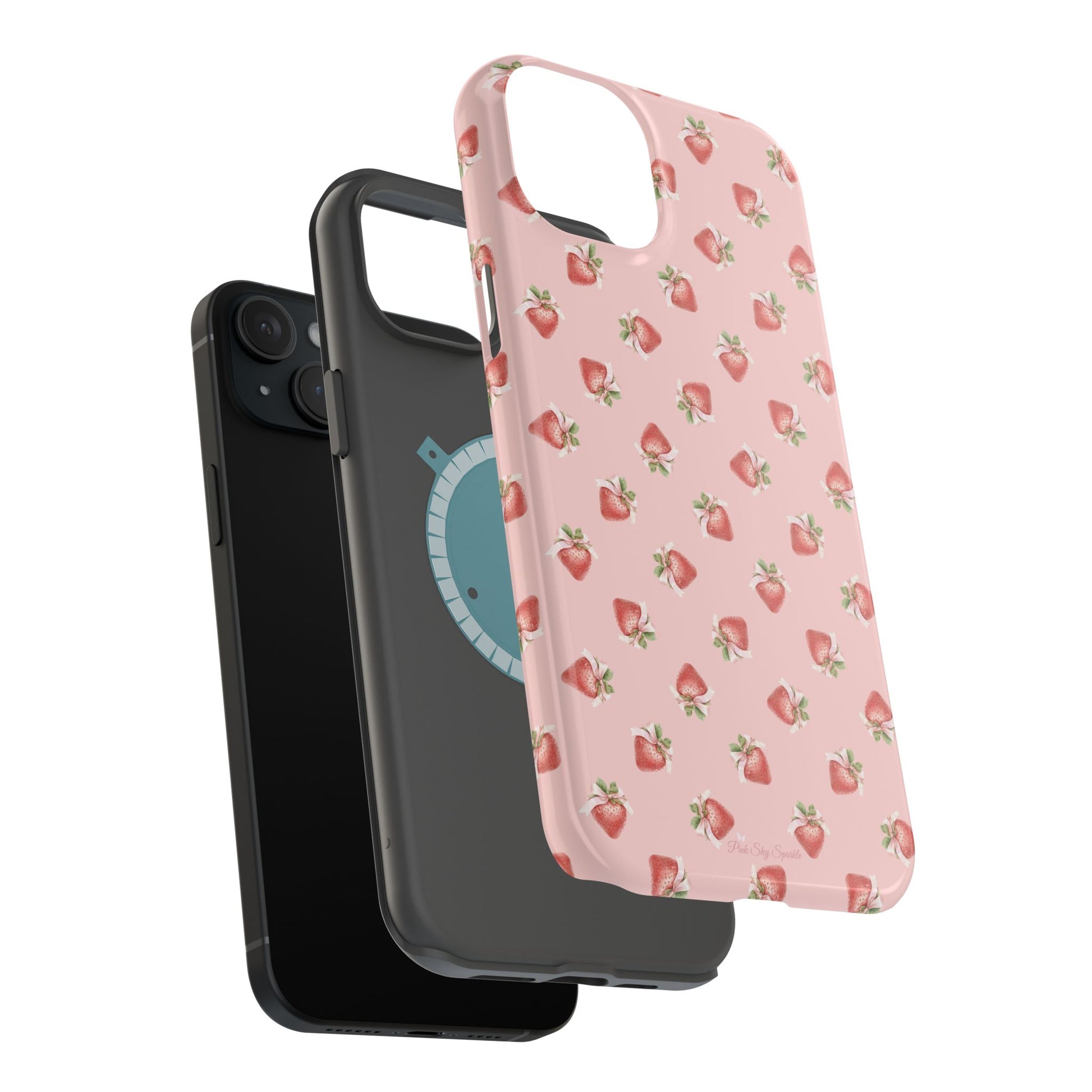 Magnetic iPhone case with a strawberry-inspired coquette design, combining delicate charm and durable protection for your smartphone.