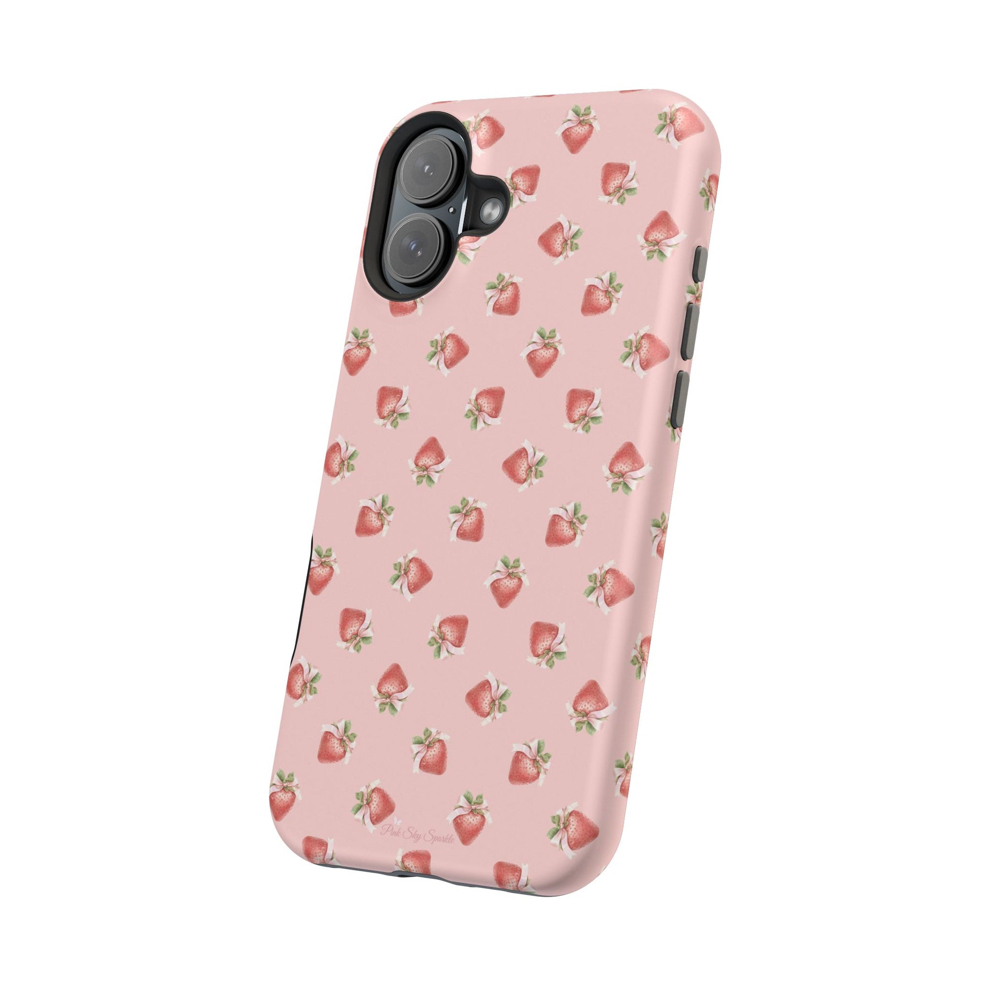 Magnetic iPhone case with a strawberry-inspired coquette design, combining delicate charm and durable protection for your smartphone.