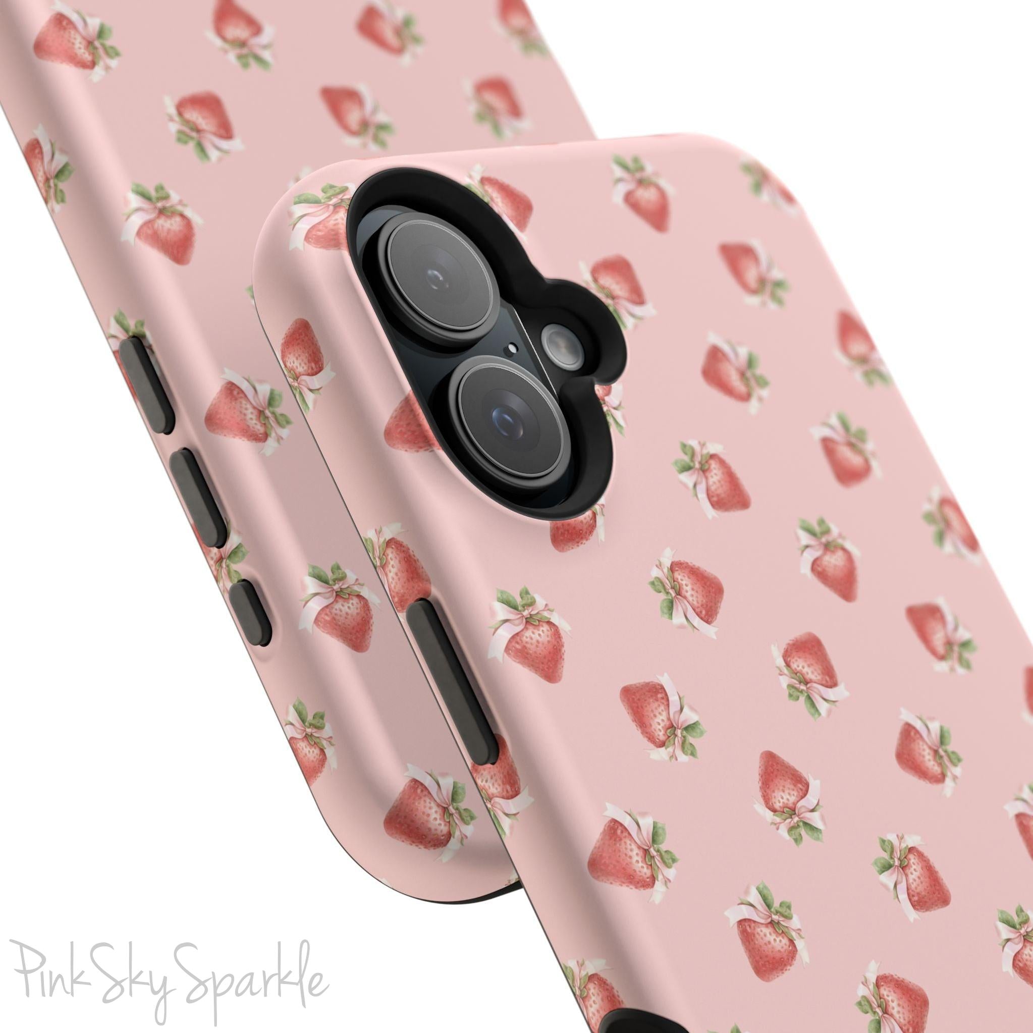 Magnetic iPhone case with a strawberry-inspired coquette design, combining delicate charm and durable protection for your smartphone.
