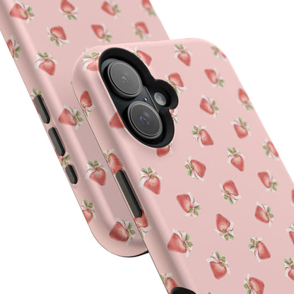 Magnetic iPhone case with a strawberry-inspired coquette design, combining delicate charm and durable protection for your smartphone.