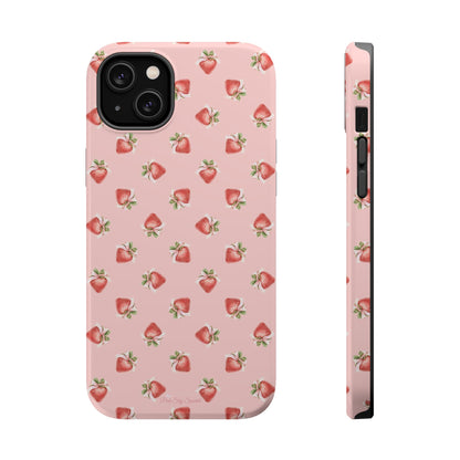 Magnetic iPhone case with a strawberry-inspired coquette design, combining delicate charm and durable protection for your smartphone.