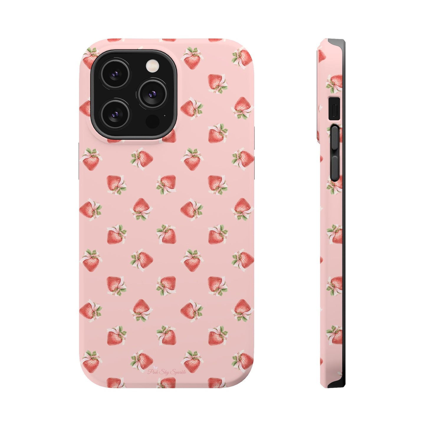 Magnetic iPhone case with a strawberry-inspired coquette design, combining delicate charm and durable protection for your smartphone.