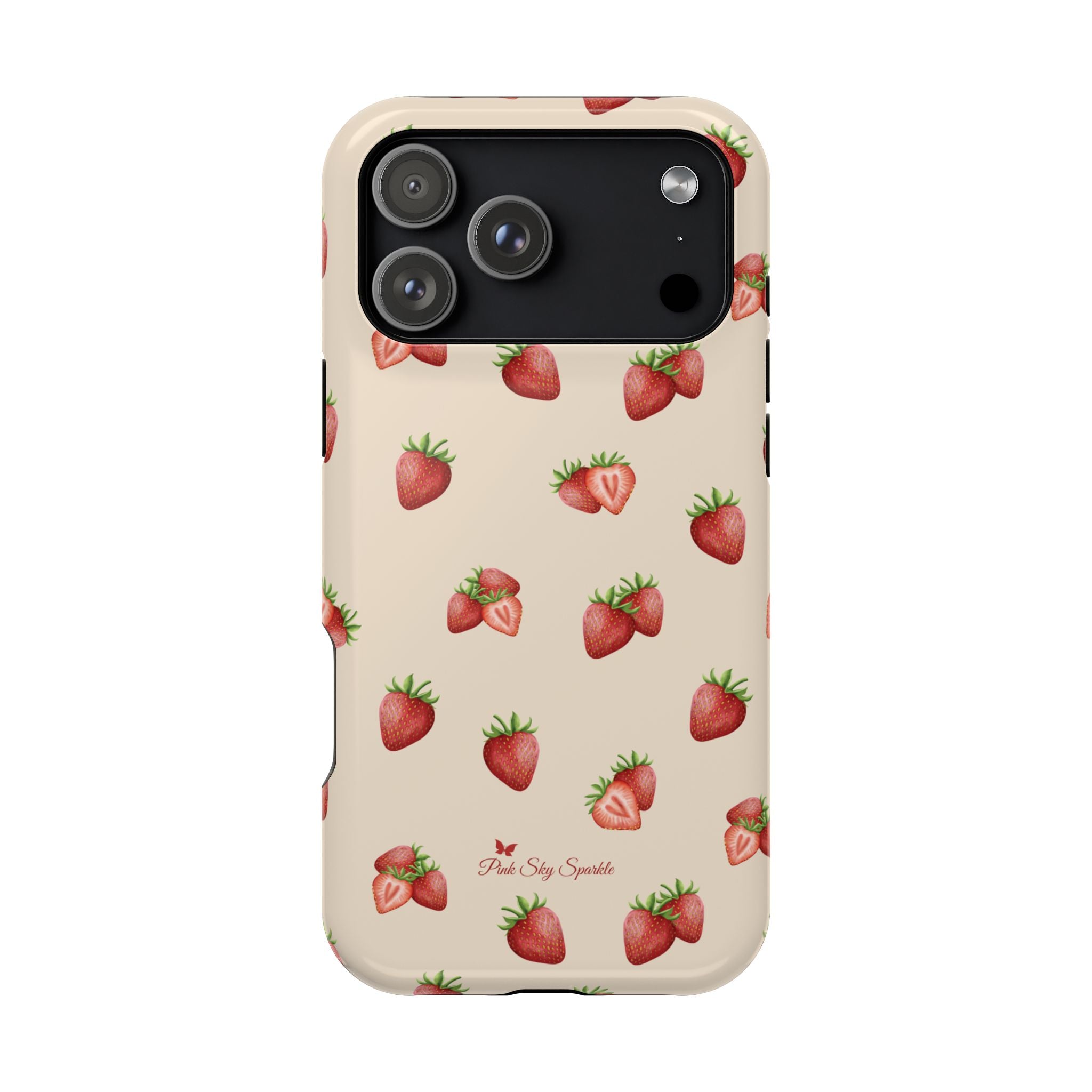 Phone case with strawberry pattern on a beige background