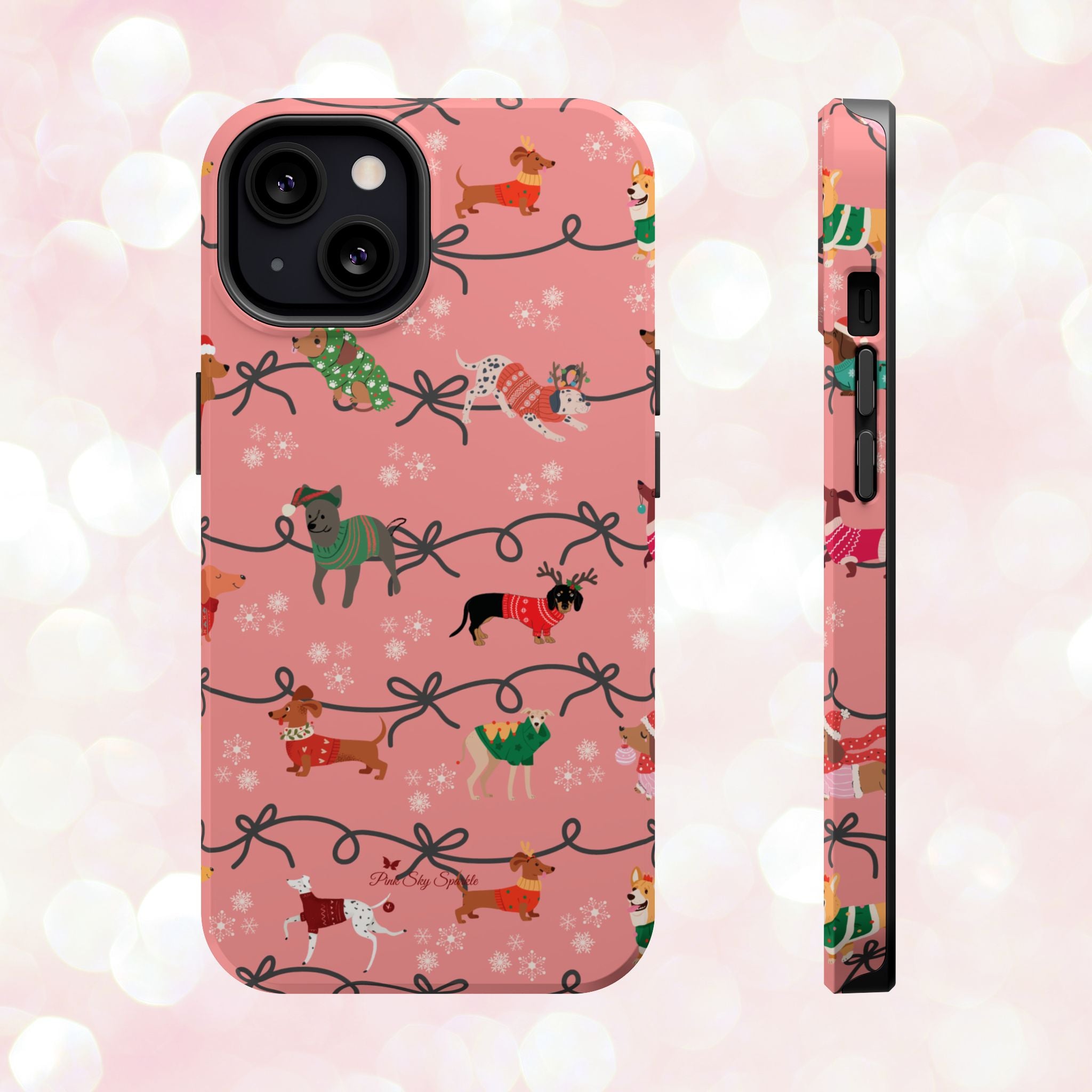 iPhone case with holiday dogs in sweaters on pink background.