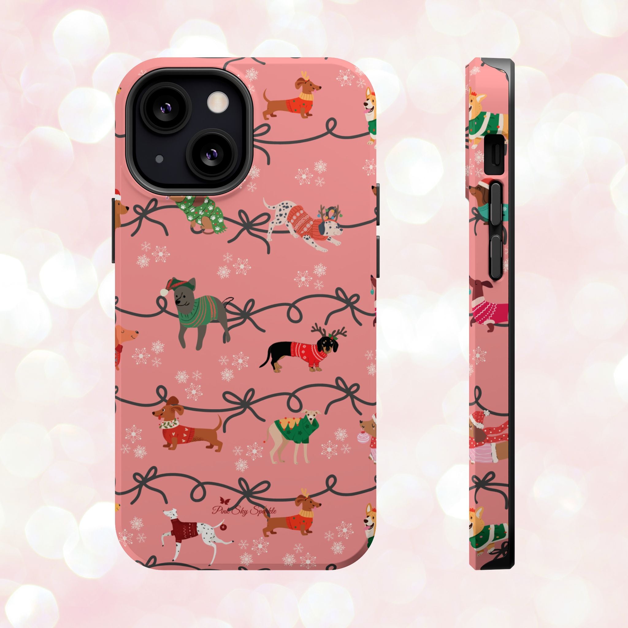 iPhone case with holiday dogs in sweaters on pink background.