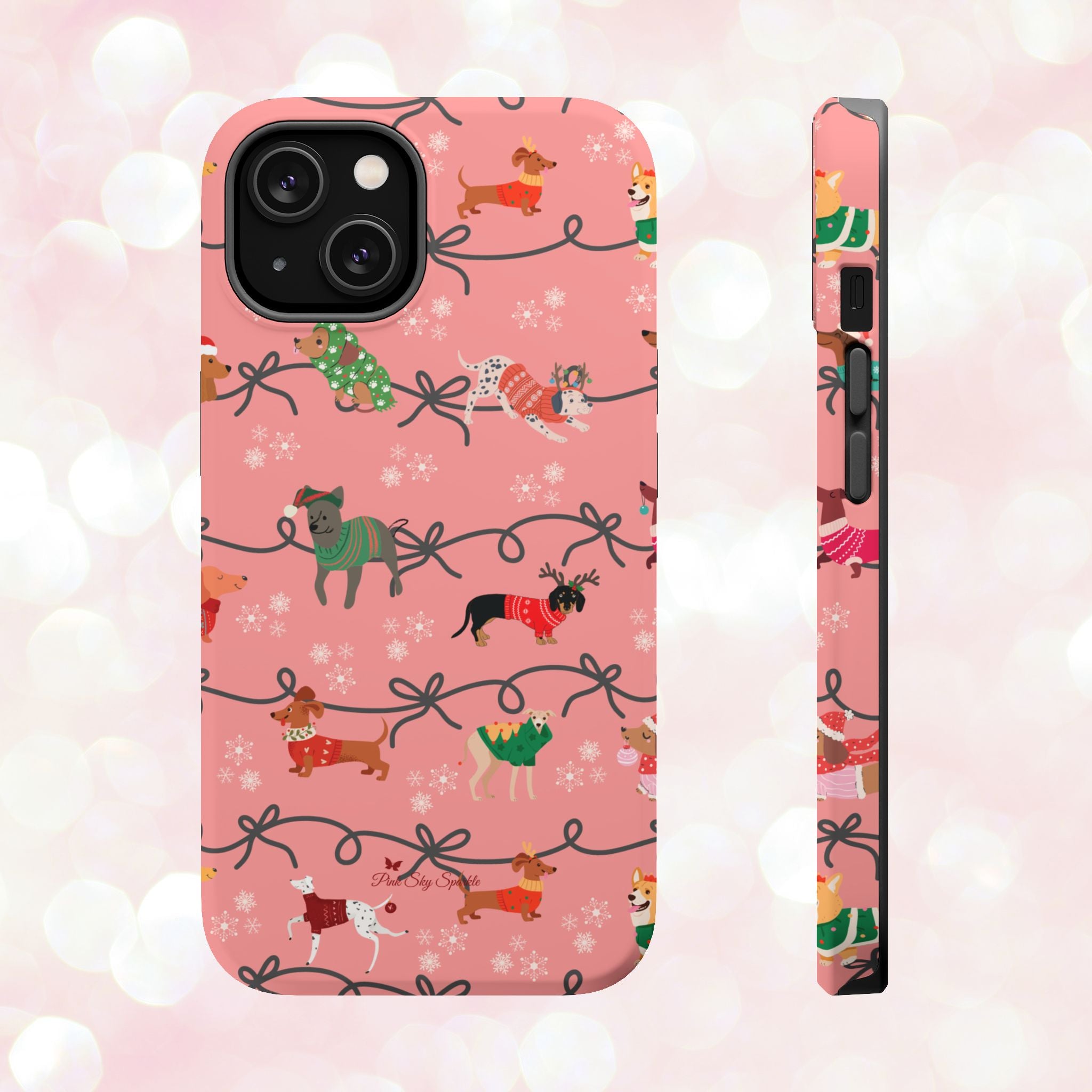 iPhone case with holiday dogs in sweaters on pink background.