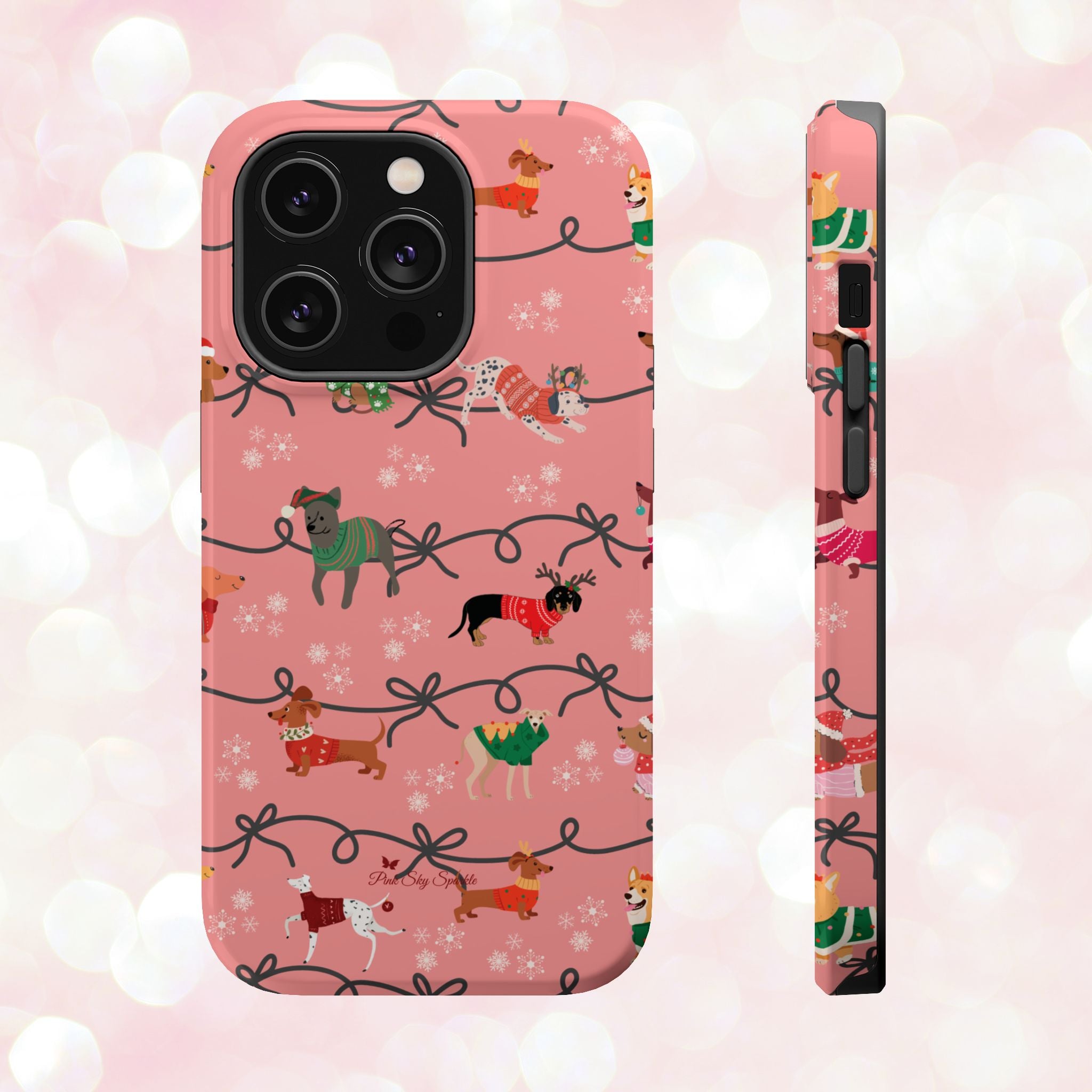iPhone case with holiday dogs in sweaters on pink background.
