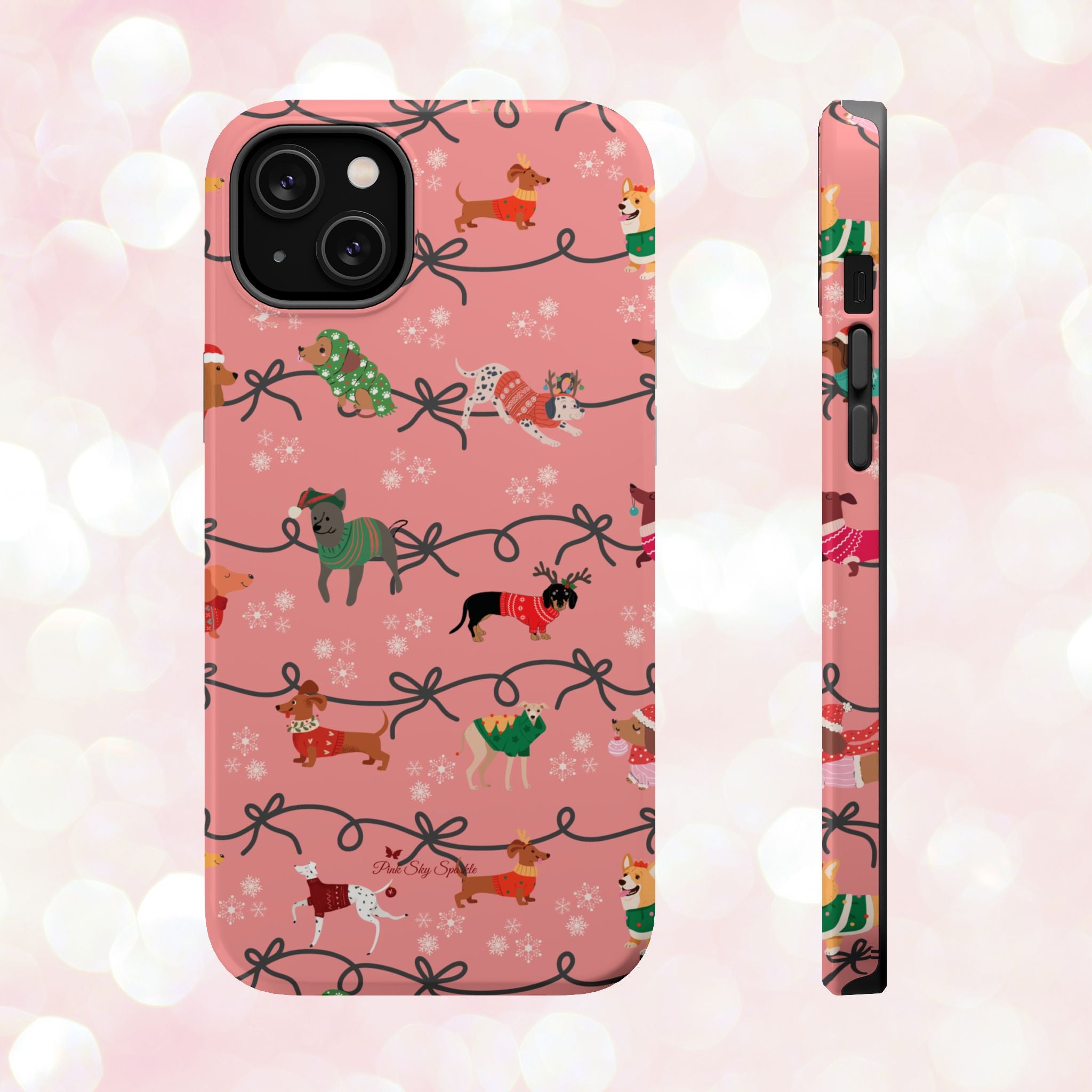 iPhone case with holiday dogs in sweaters on pink background.