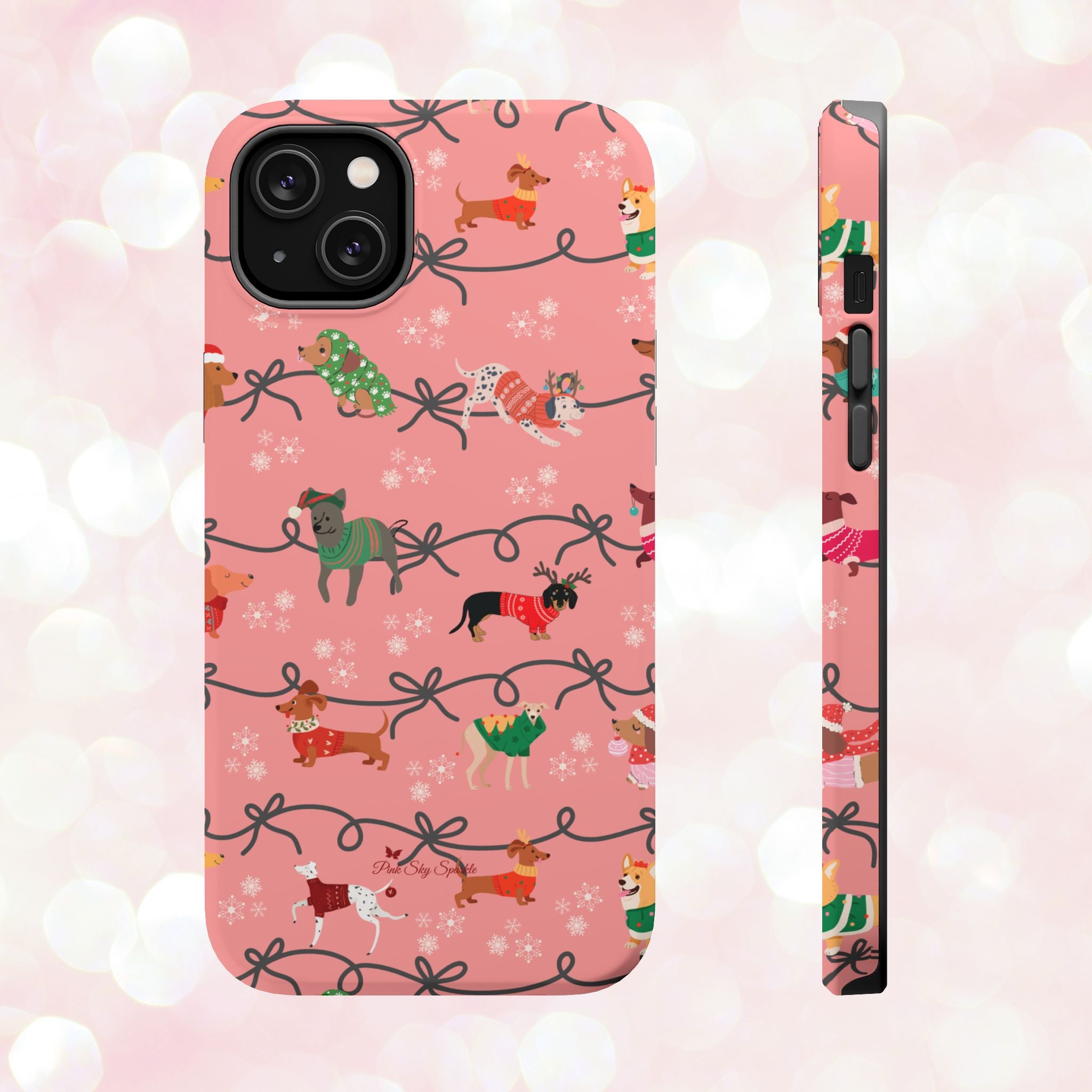 iPhone case with holiday dogs in sweaters on pink background.