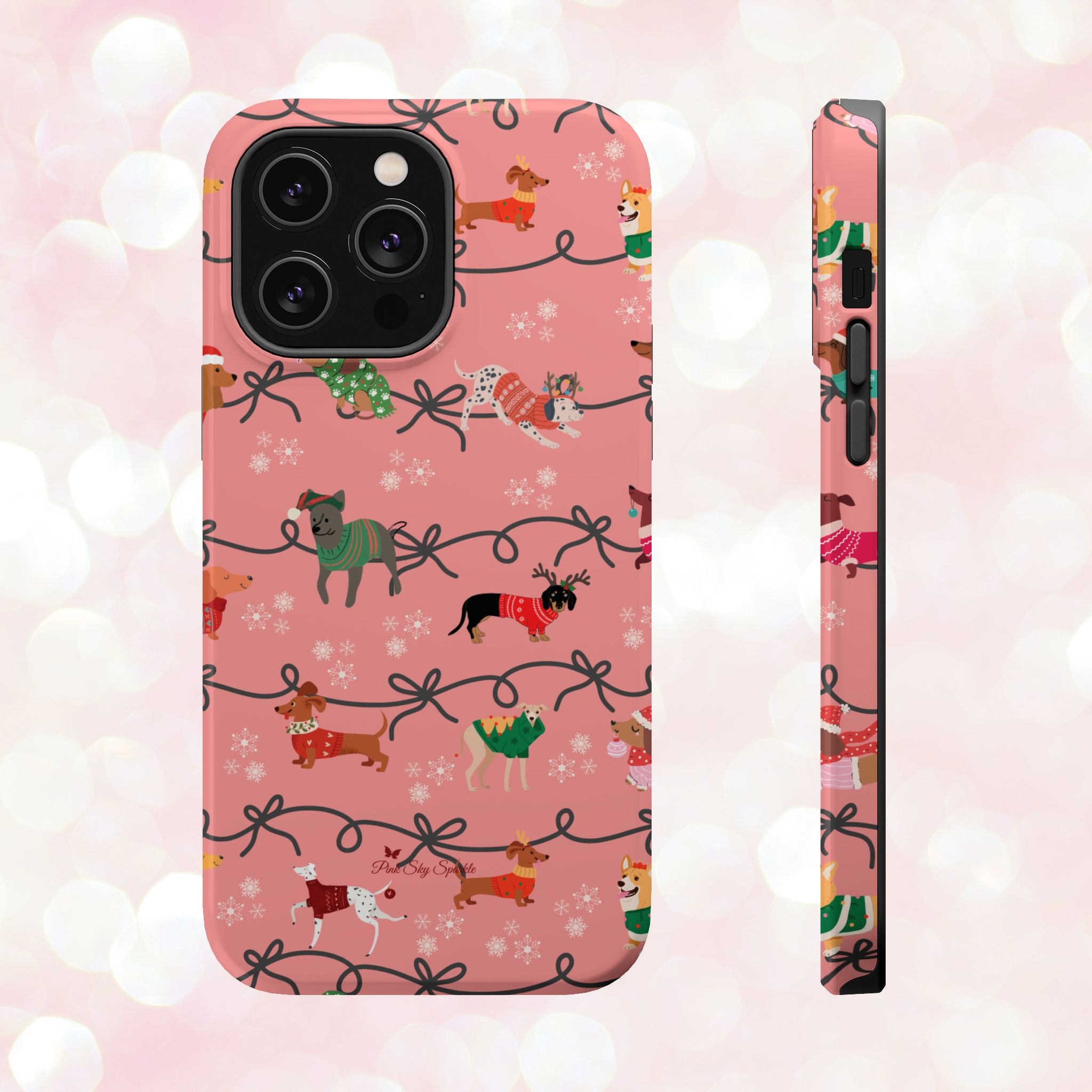 iPhone case with holiday dogs in sweaters on pink background.