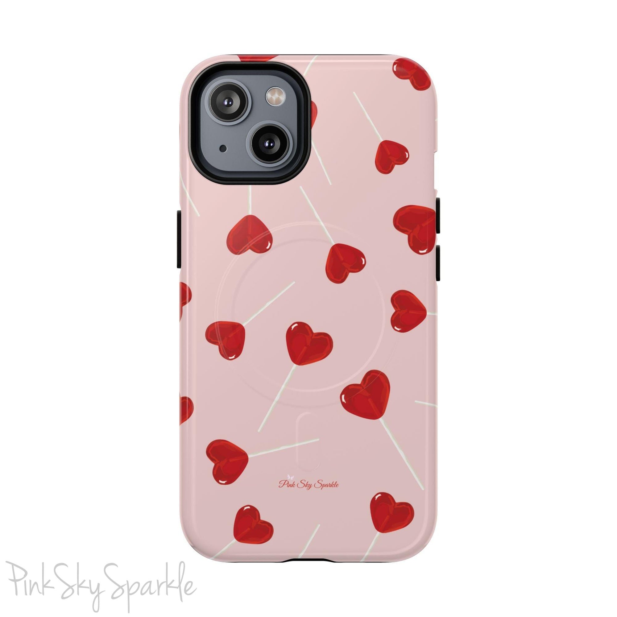 Pink phone case with red heart-shaped lollipop designs, perfect for Valentine’s Day or a playful aesthetic.