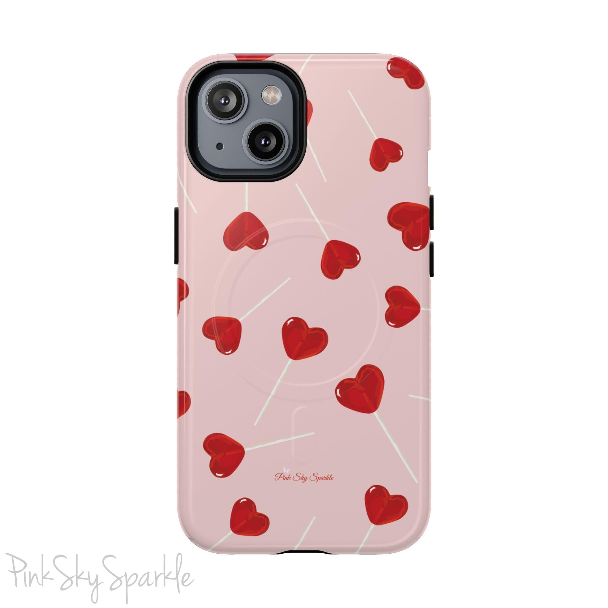 Pink phone case with red heart-shaped lollipop designs, perfect for Valentine’s Day or a playful aesthetic.